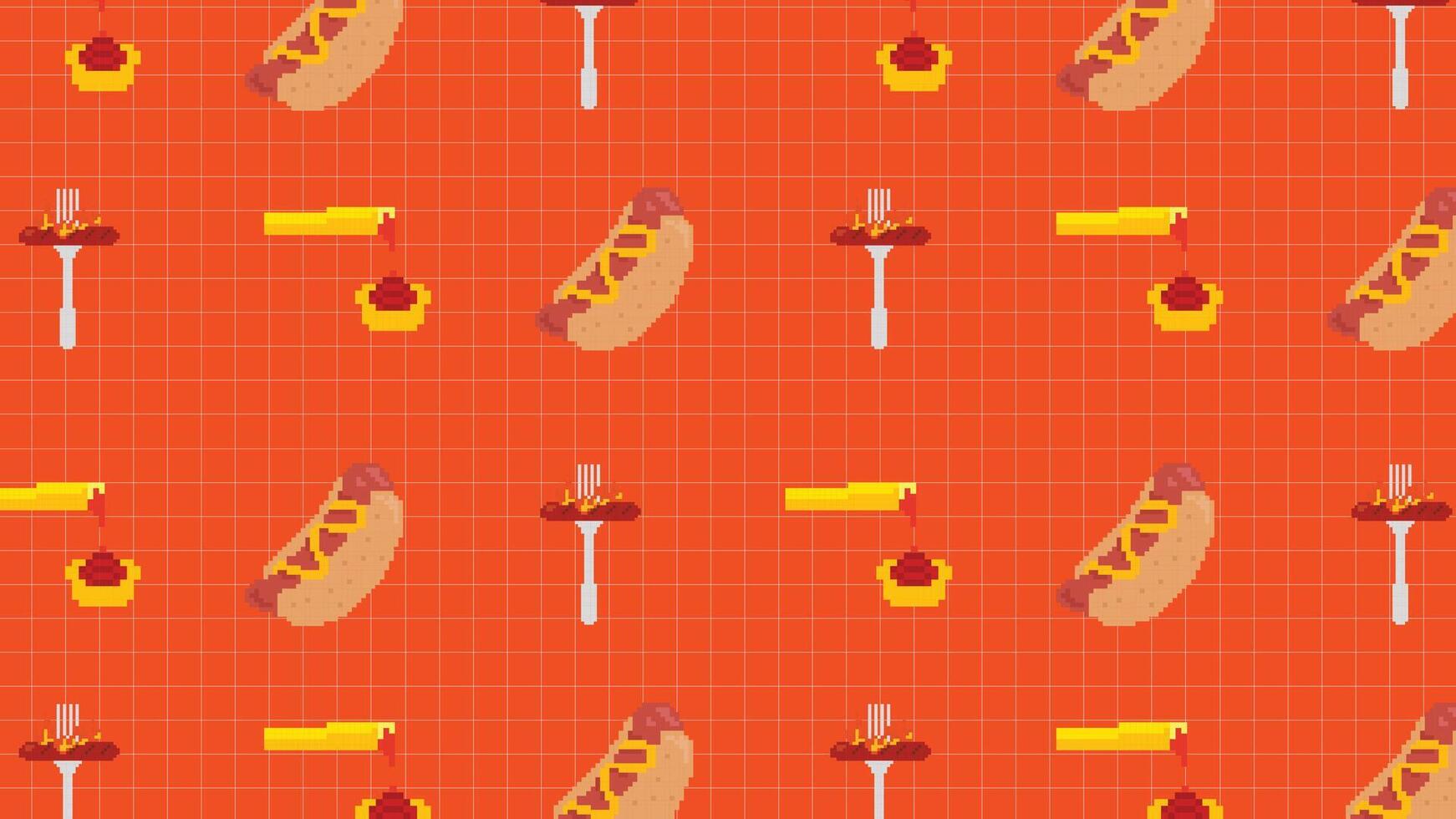 A pixel art seamless background with hot dogs, mustard, ketchup, and grilled sausage on an orange grid background. Ideal for fast food designs, restaurant branding, digital illustrations, themes. vector