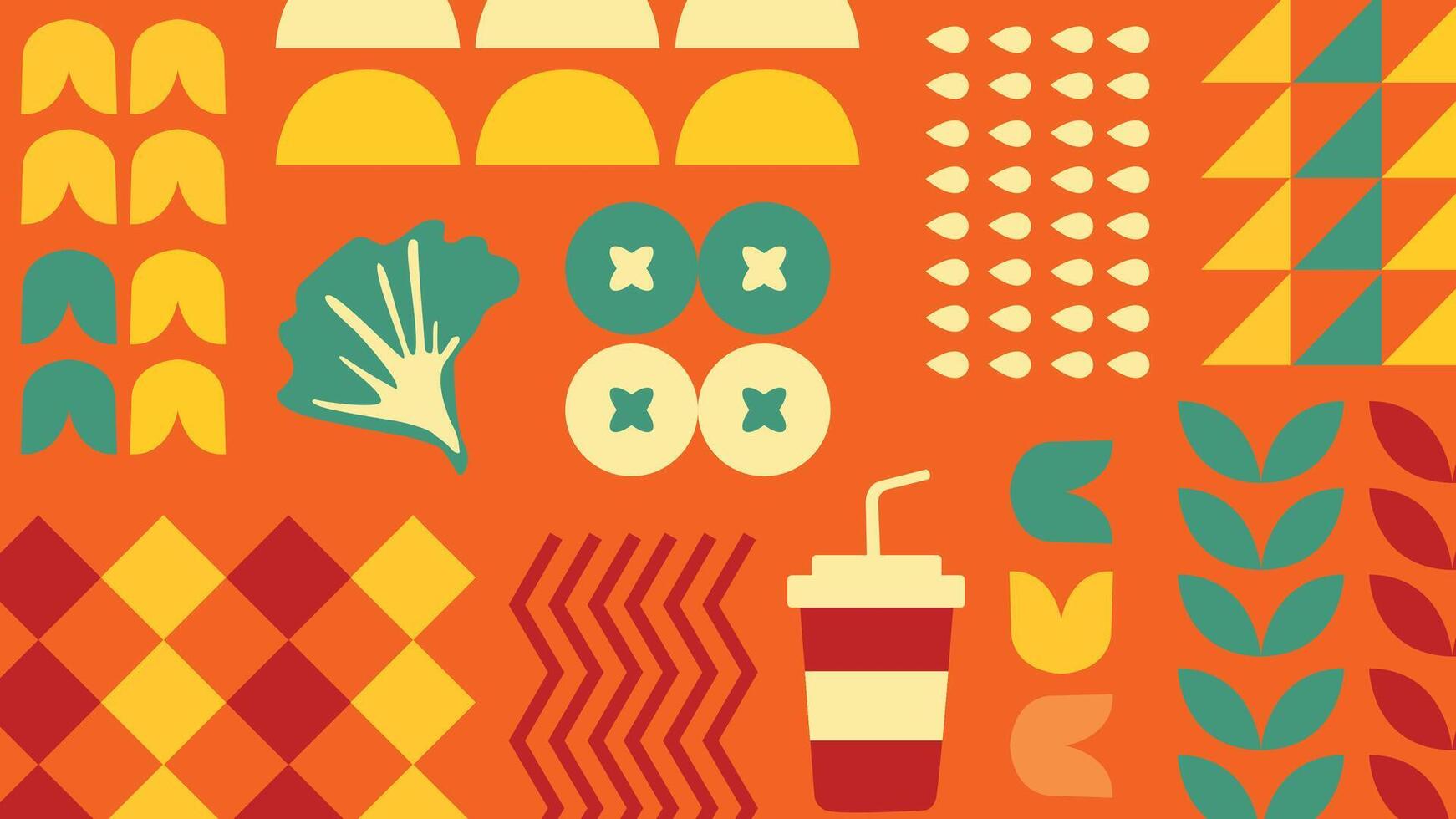A stylish seamless background with street food elements, geometric decorations, and retro vibes. Ideal for urban themed branding, food truck graphics, and fun digital or print design projects. vector