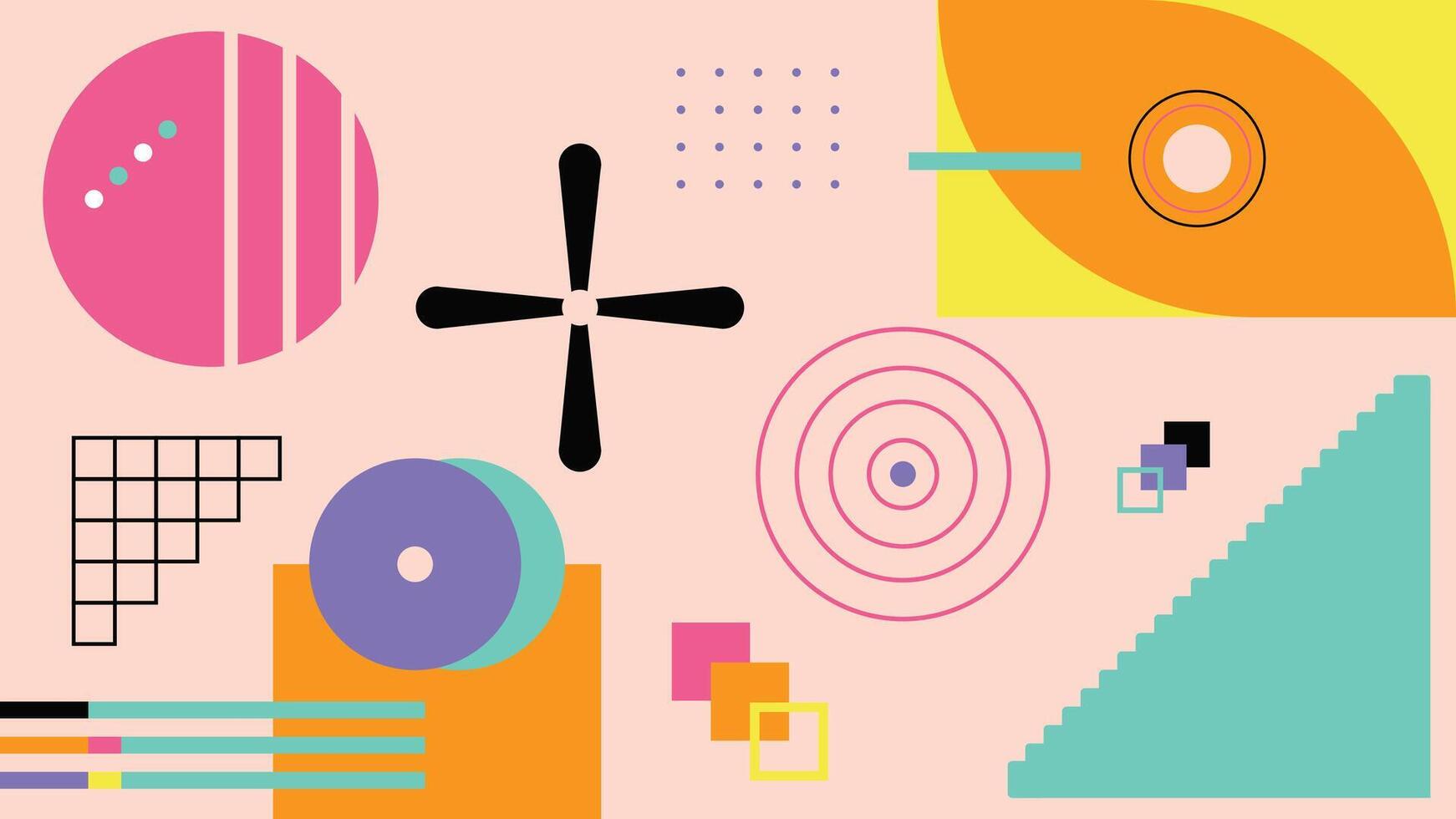 A modern abstract geometric background with colorful shapes, circles, lines. Vibrant design ideal for digital artwork, contemporary prints, creative projects, and trendy compositions. vector