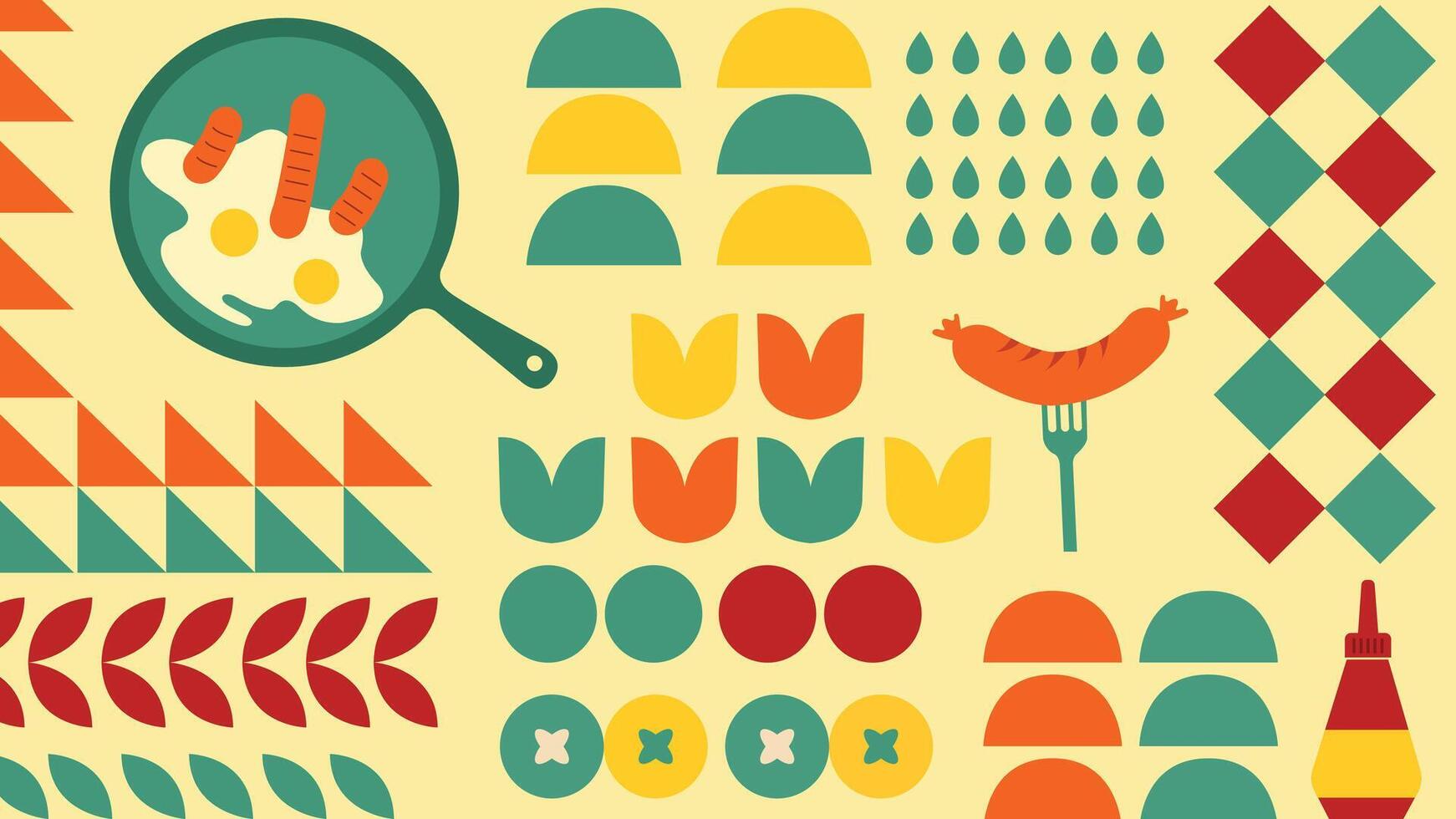 Hot dog, omelet and food category. Rich background. Use for restaurant wallpaper, web page background. vector