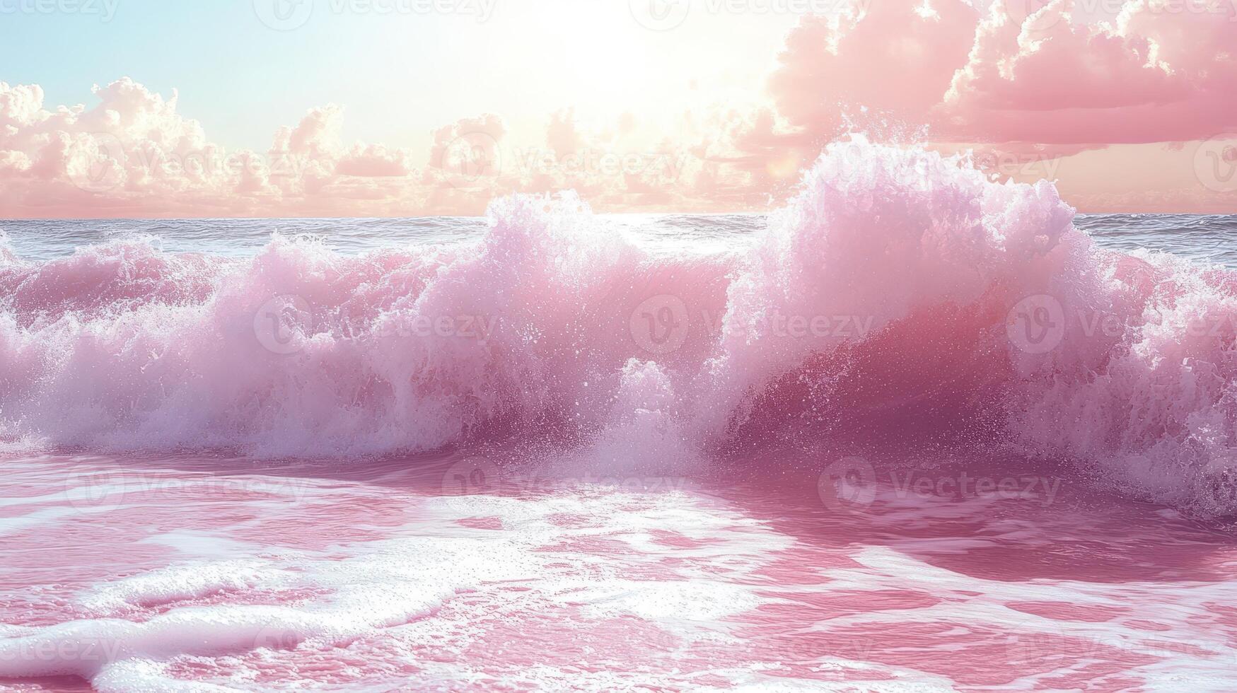Pink waves crash on beach at sunrise, idyllic ocean scene, ideal for travel photo
