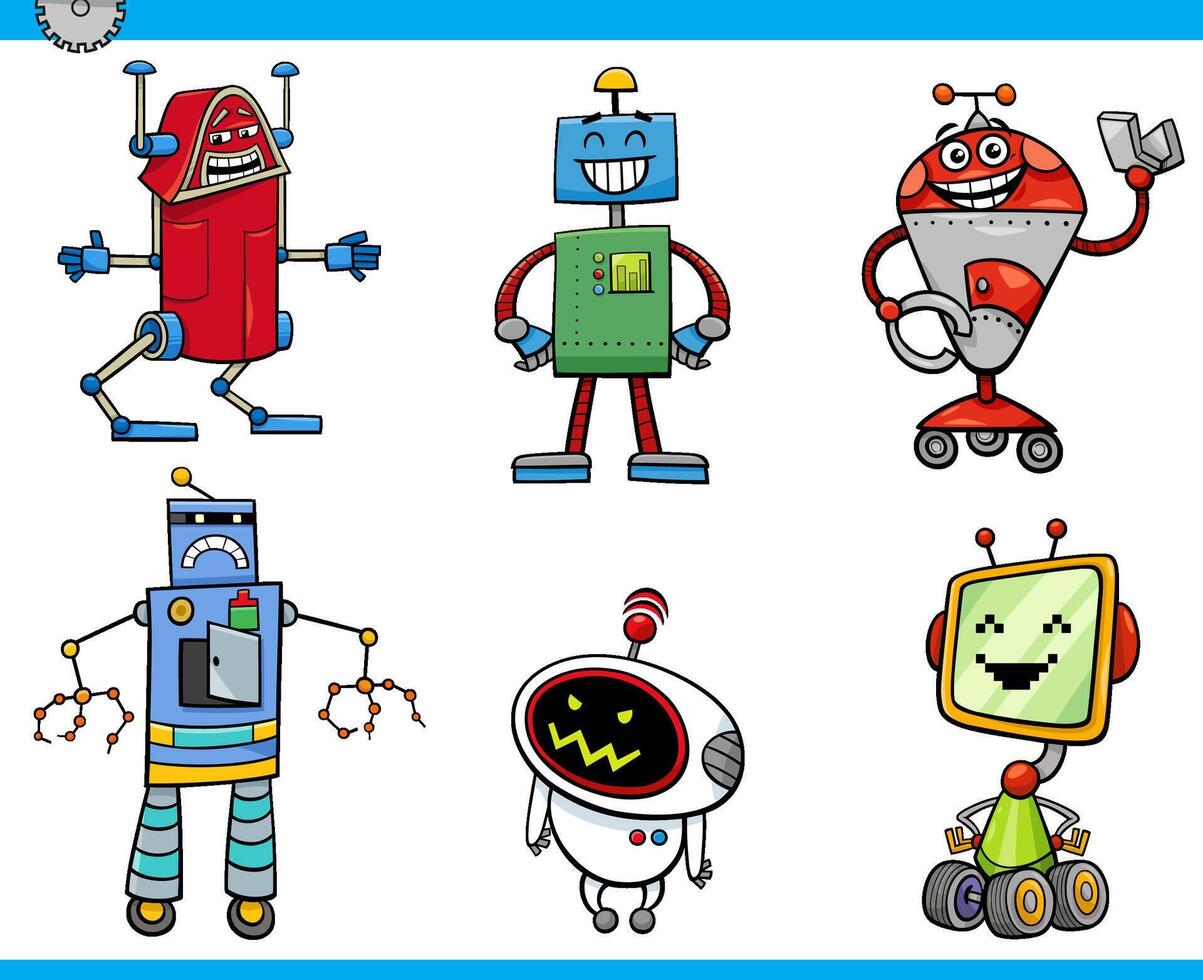 funny cartoon robots or droids comic characters set vector