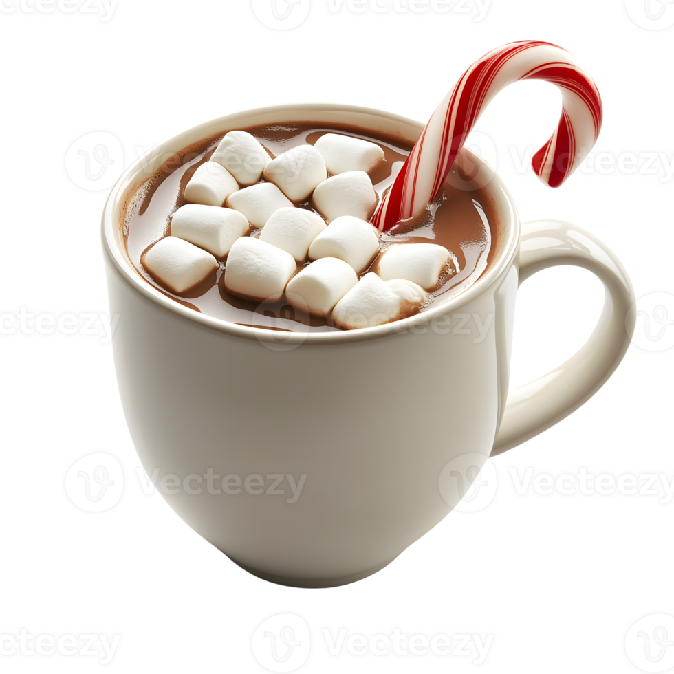 A cup of hot chocolate with marshmallows and a candy cane png