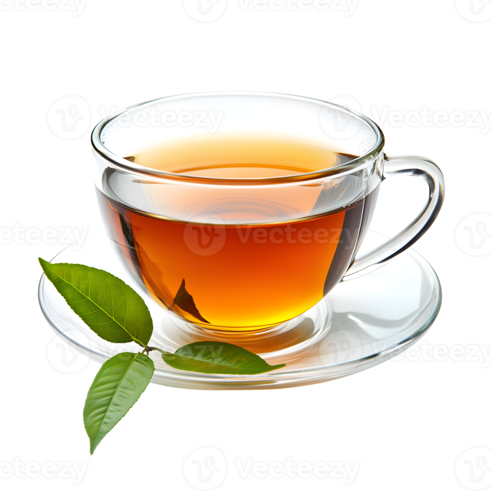 A cup of tea with a leaf on a saucer png