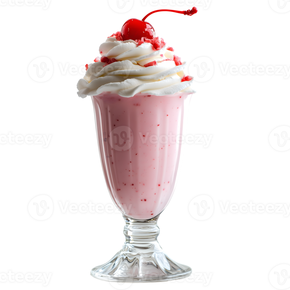 A strawberry milkshake with whipped cream and cherry on top png