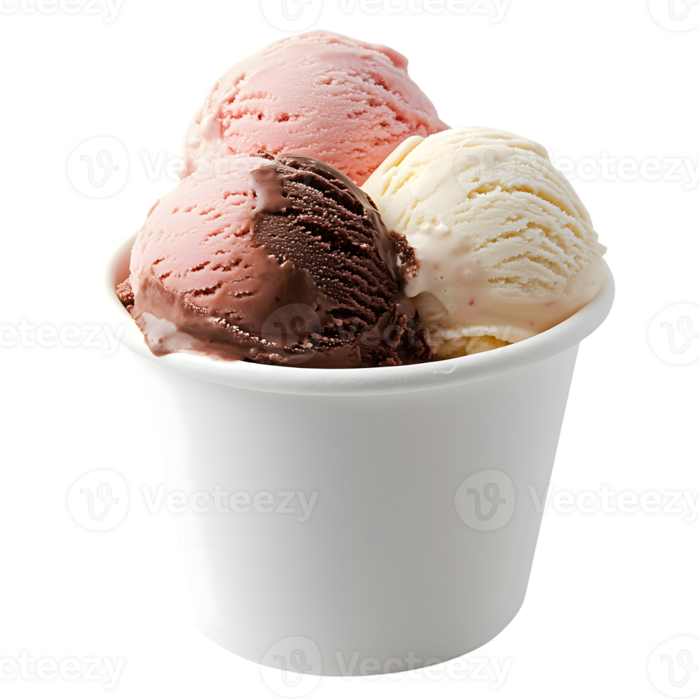 Three scoops of ice cream in a white cup png