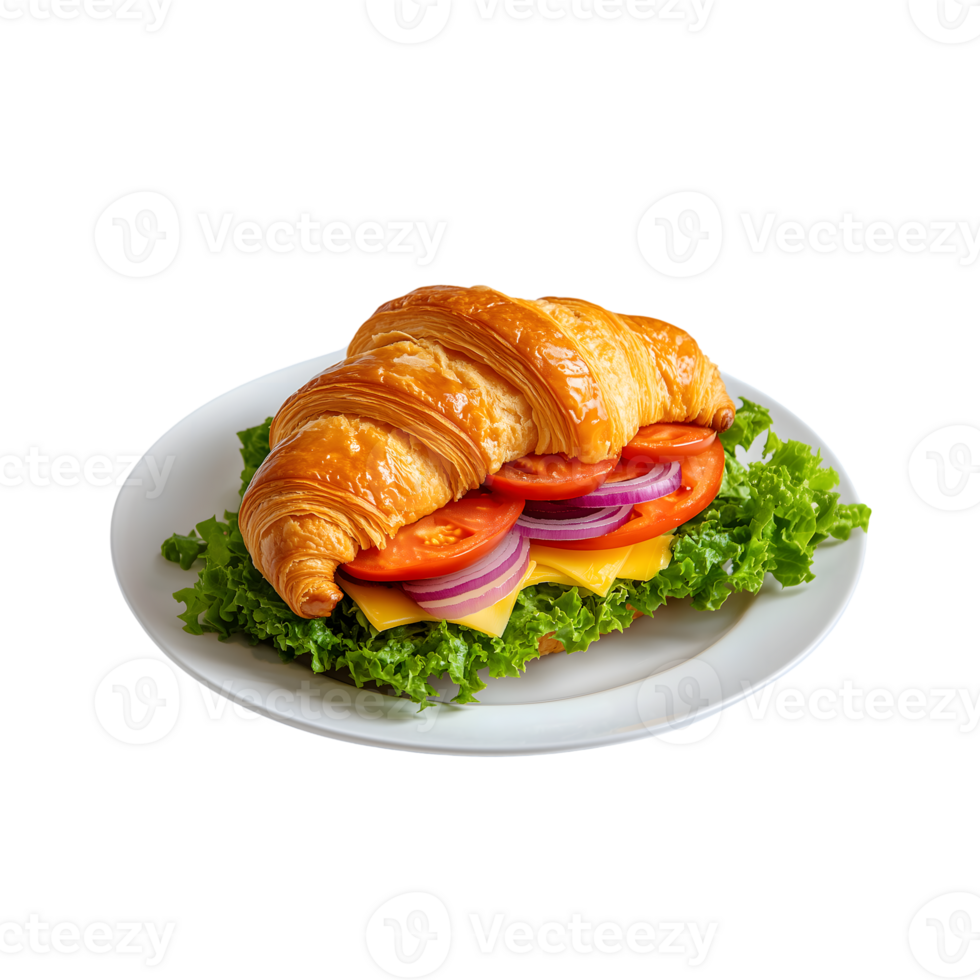 A croissant sandwich with lettuce, tomatoes and cheese png