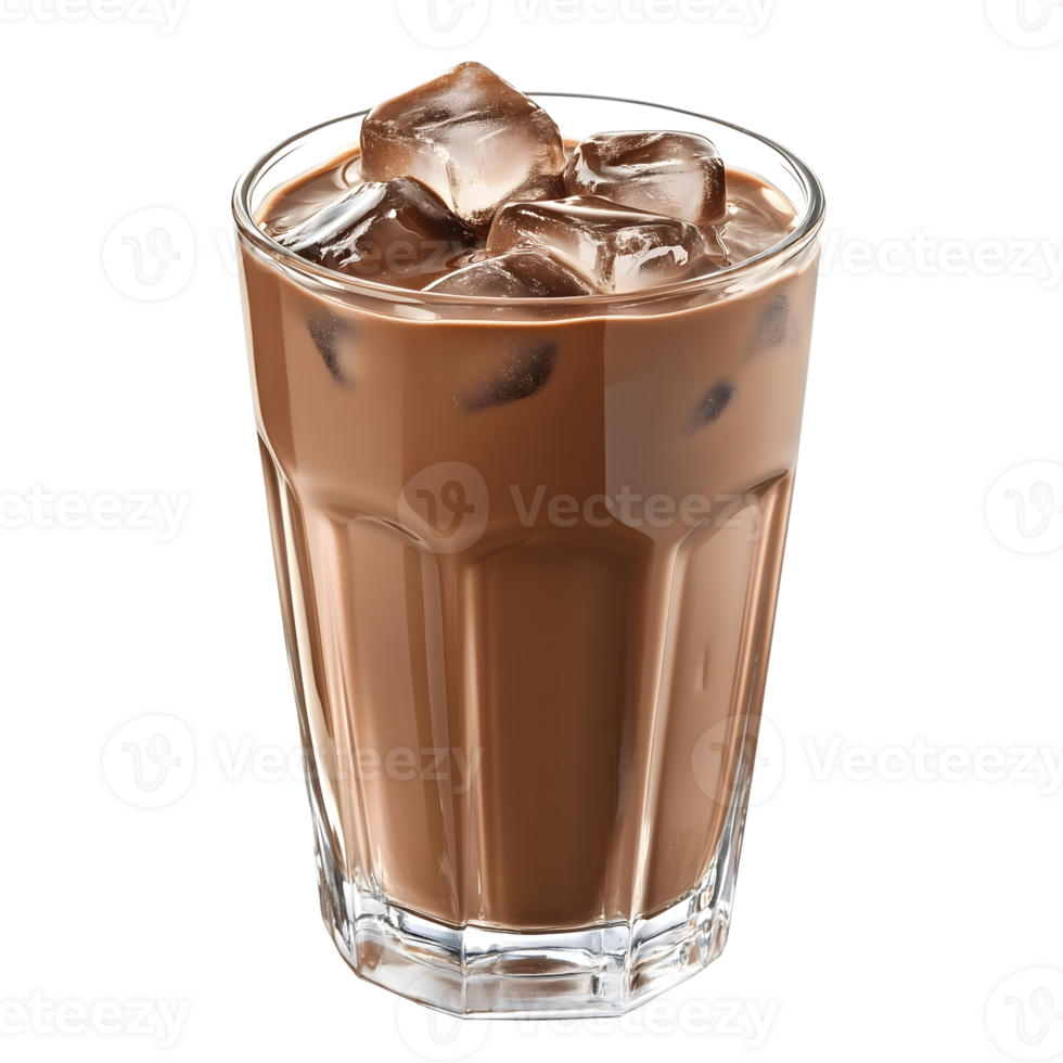 A glass of chocolate iced coffee with ice cubes png