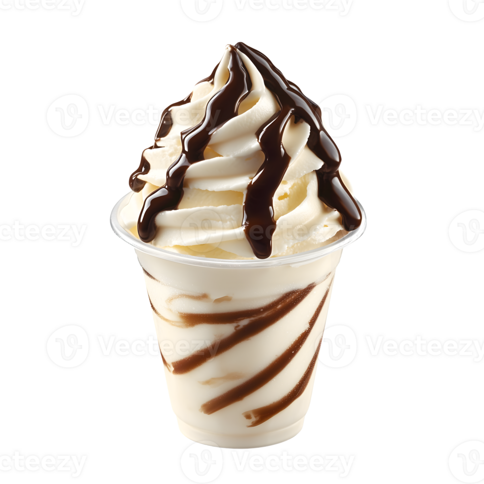 A cup of ice cream with chocolate sauce and whipped cream png