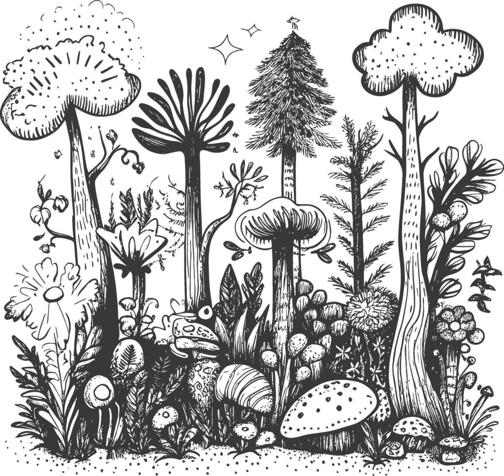 Hand Drawn Illustration Of A Whimsical Forest With Mushrooms And Trees vector