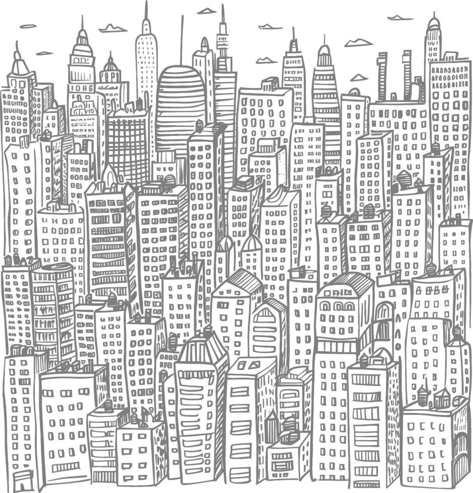 Hand Drawn Sketch Of A Dense Cityscape With Skyscrapers And Clouds design vector