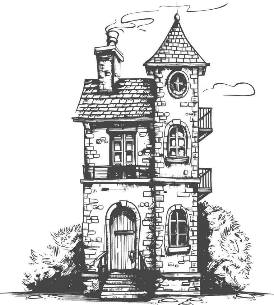 Hand Drawn Illustration Of A Two Story Brick House With A Tower A Chimney And A Door vector