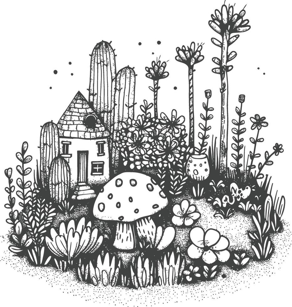 Hand Drawn Illustration Of A Whimsical Garden With A Tiny House Cactus Mushroom And Flowers vector