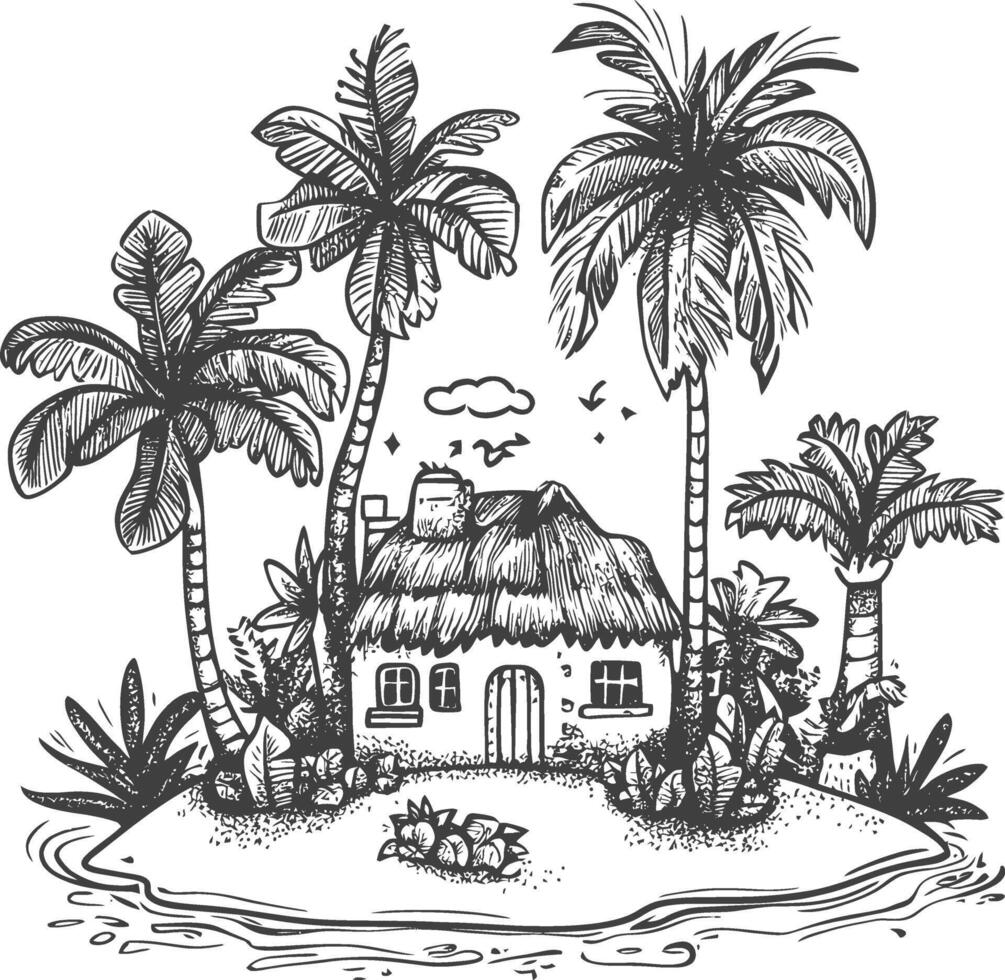 Hand Drawn Illustration Of A Tropical Island With A Thatched Roof Cottage And Palm Trees vector