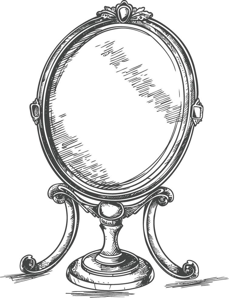 Hand Drawn Illustration Of A Vintage Ornate Mirror With A Stand vector