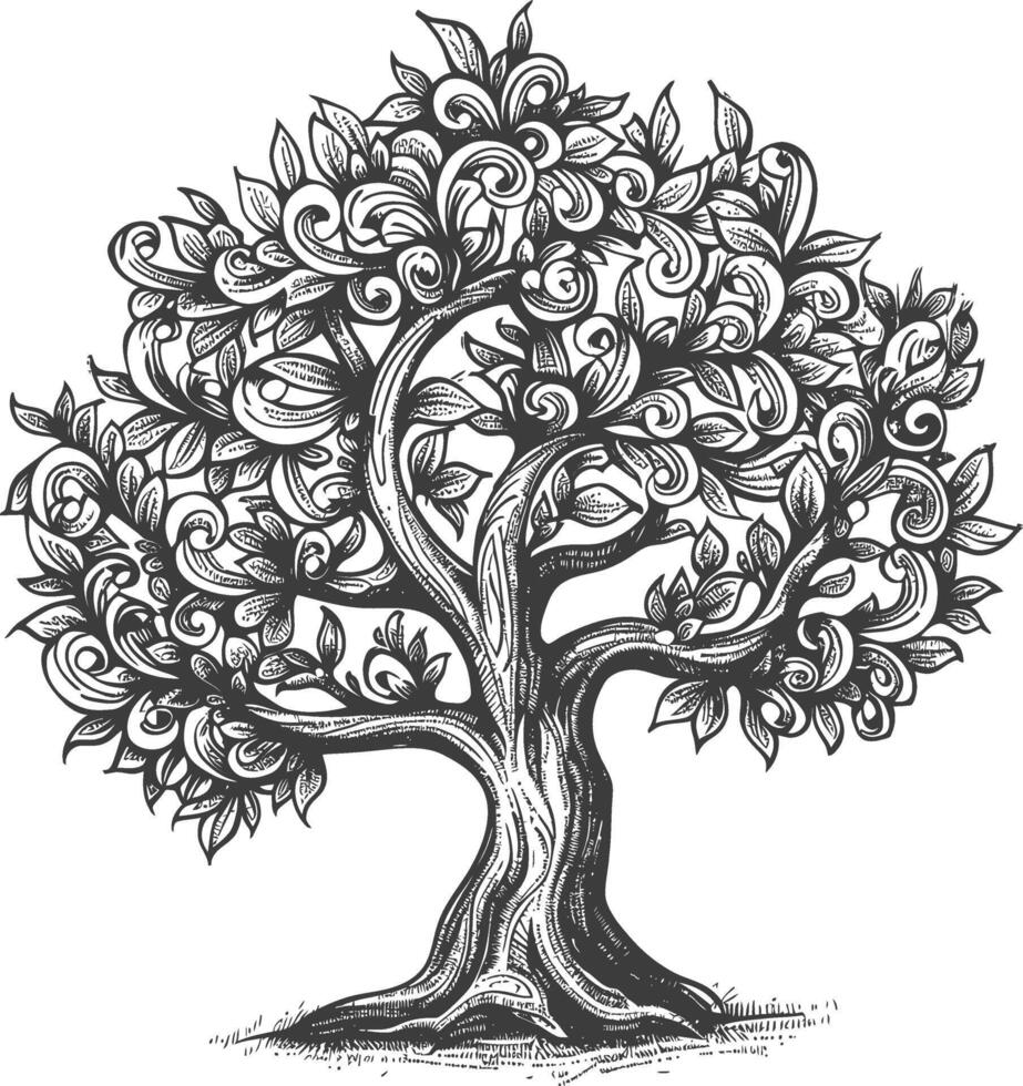 Hand Drawn Illustration Of A Stylized Tree With Intricate Foliage And A Thick Trunk vector