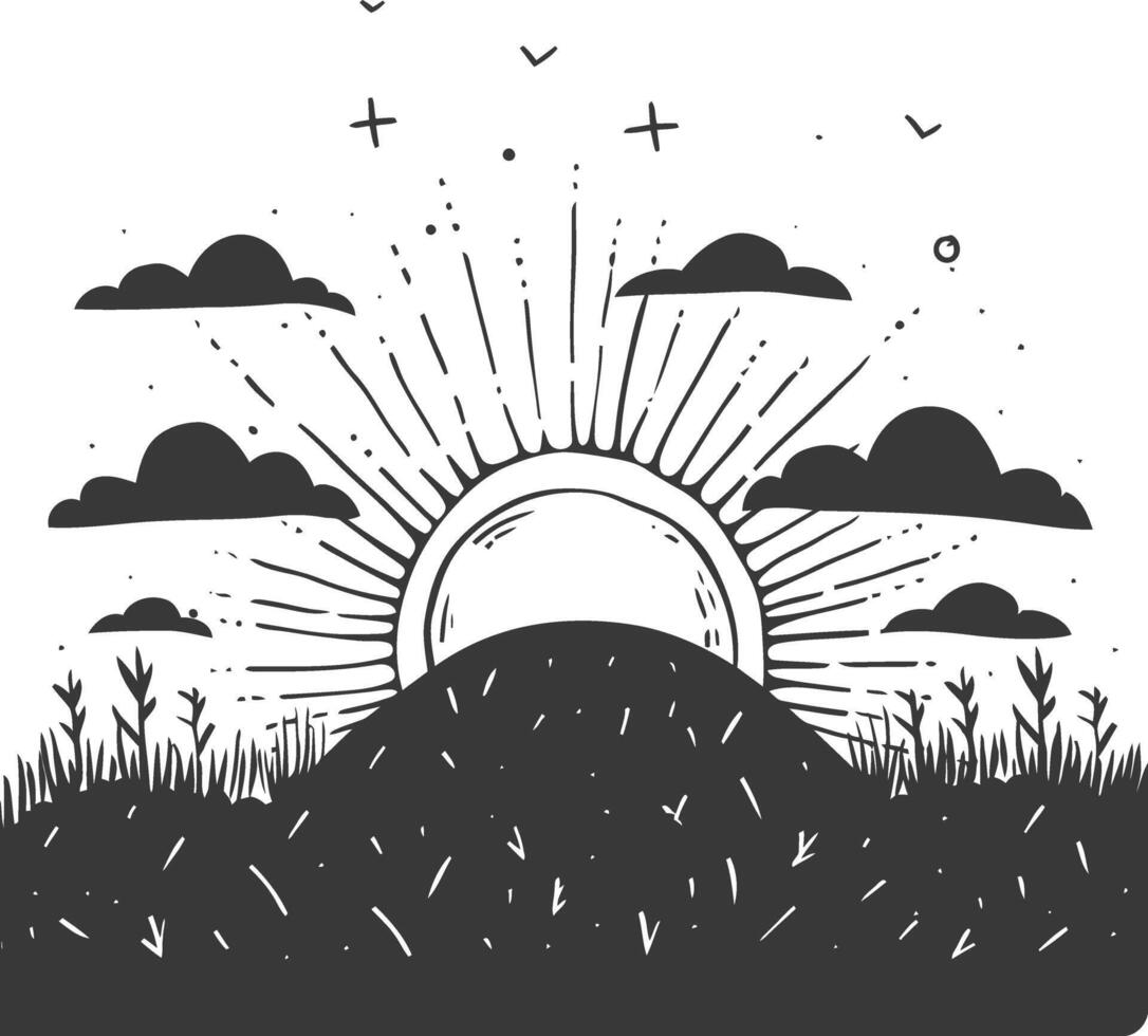 Hand Drawn Illustration Of A Sun Rising Over A Hill With Clouds And Grass vector