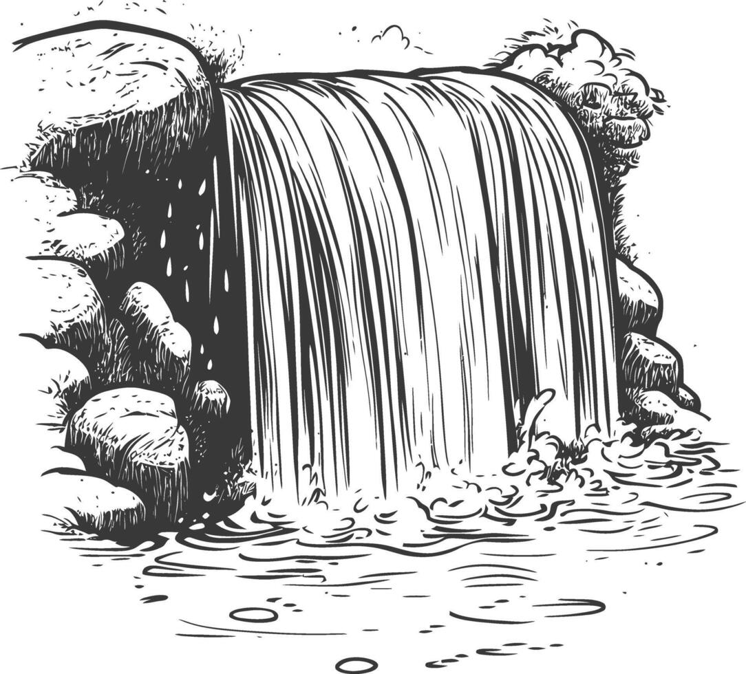 Hand Drawn Illustration Of A Waterfall Cascading Over Rocks vector