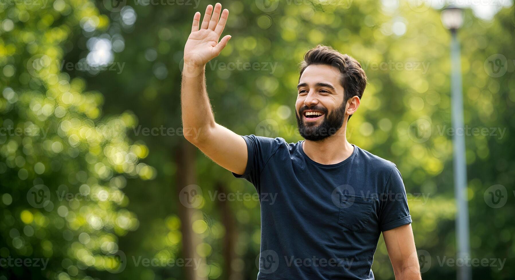 Happy Man Waving Hello Outdoors Summer Park Smiling Beard Tree Wave Green Nature Joyful Casual photo