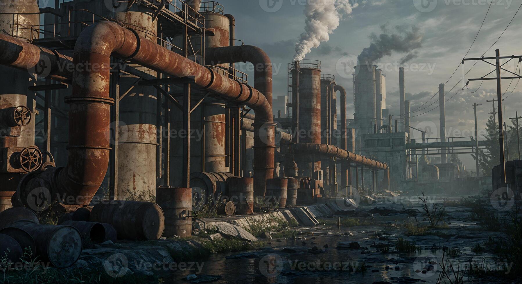 Rusty Industrial Plant Landscape Dark Moody Atmosphere Environmental Scene Old Smog Pipes Urban photo