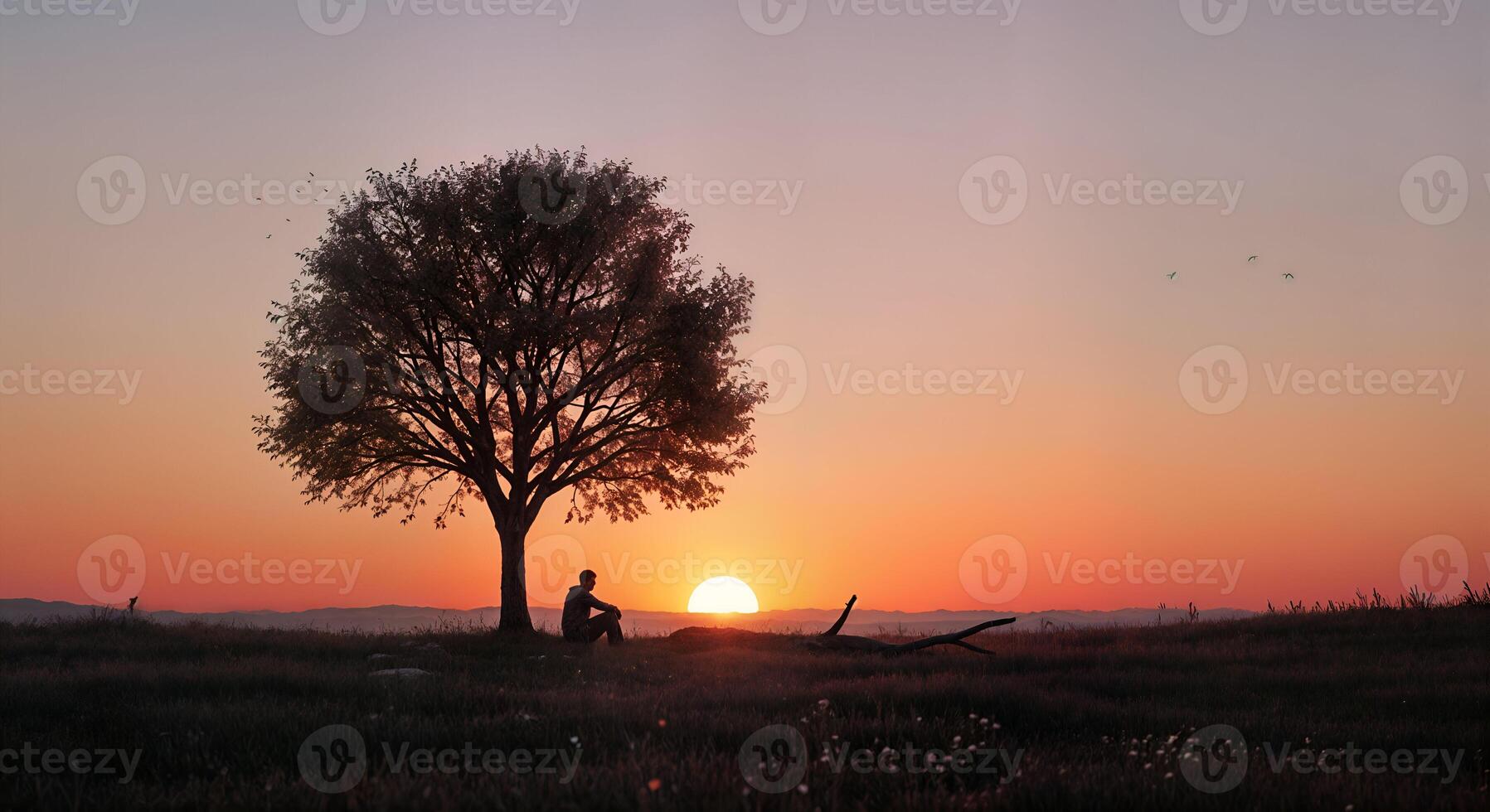 Silhouette Man Contemplating Sunset Peaceful Tree Nature Scene sky calm hope field alone orange photo