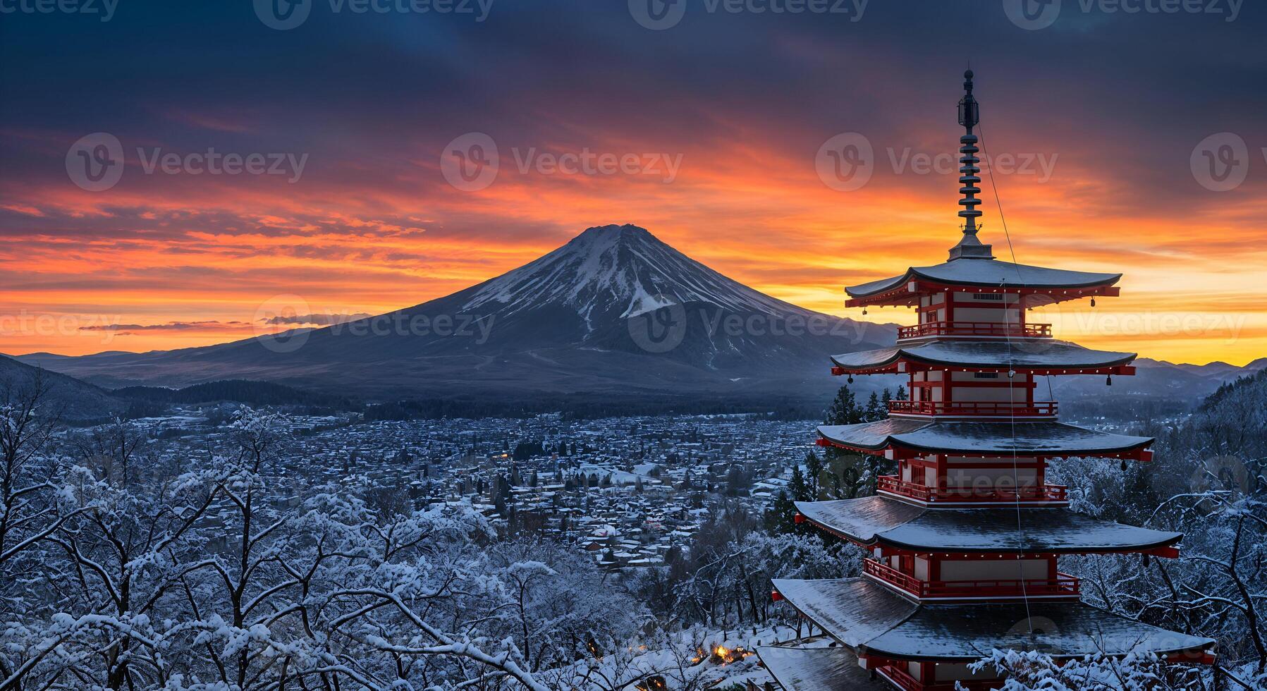 Stunning Winter Sunrise Mount Fuji Pagoda Japan Scenic View Red Sky Snow Asia Cold Travel Temple photo