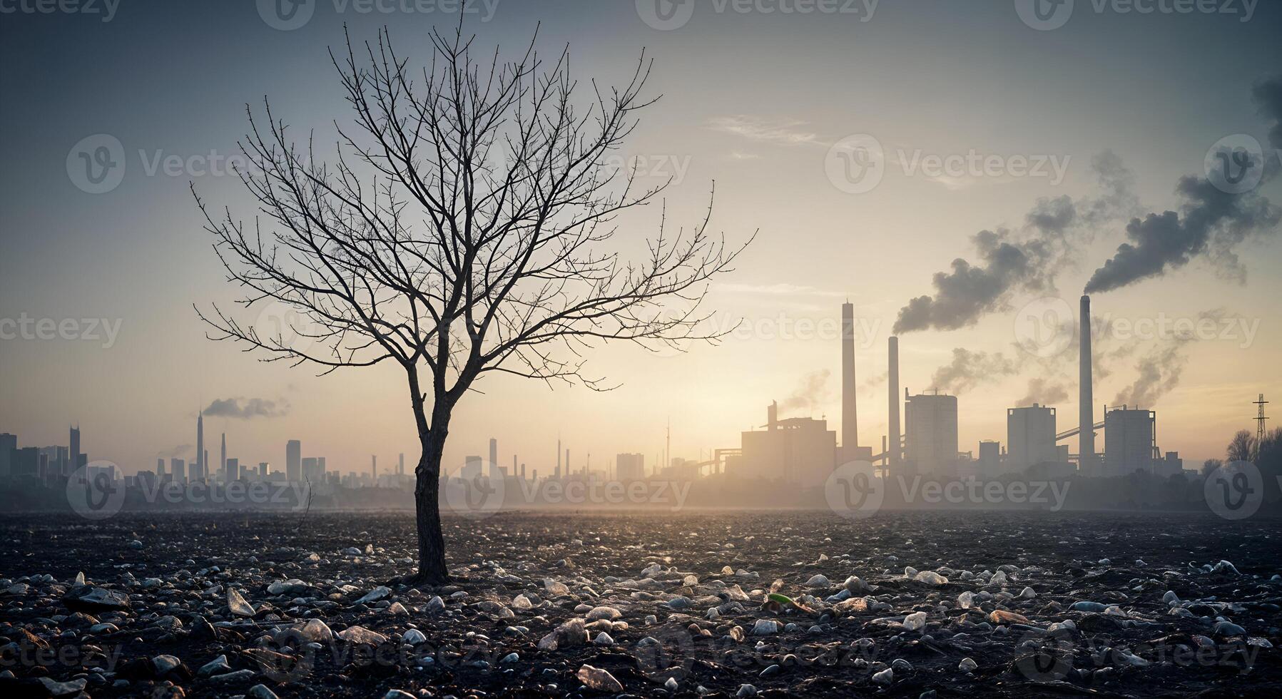 Barren Tree Pollution Industrial Landscape Environmental Disaster sky sad smog dark waste trash photo