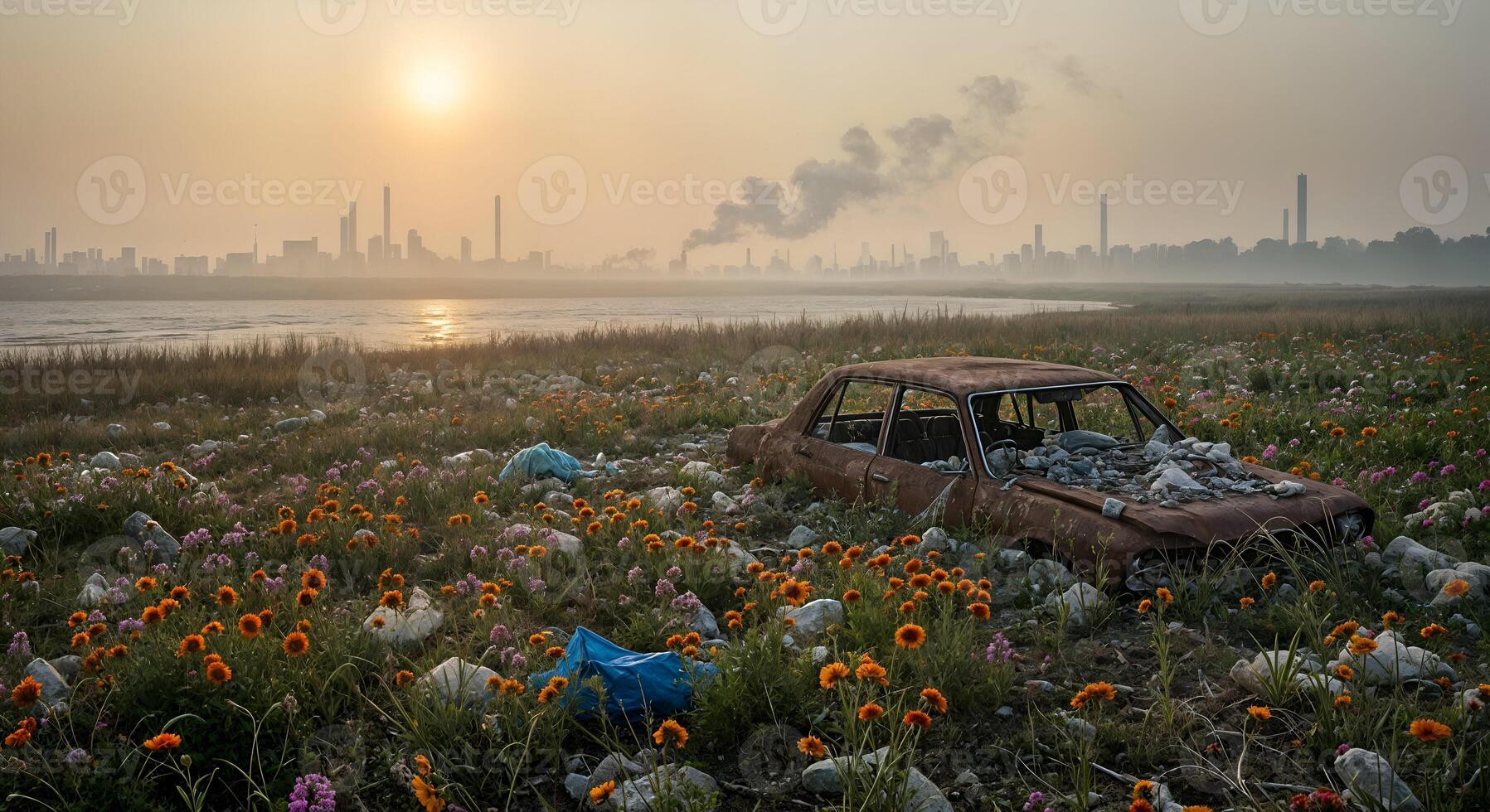 Rusty Car Abandoned in Flower Field Industrial Sunset decay plant image waste nature summer orange photo
