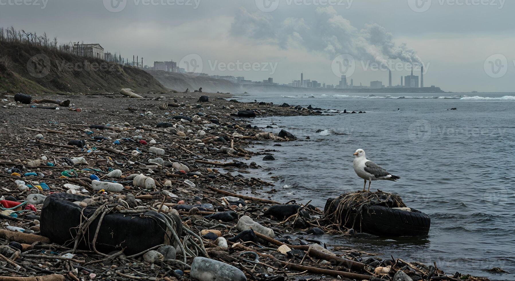 Pollution Seashore Industrial Waste Bird Seagull Ocean Beach Environmental Disaster sky sad grey photo