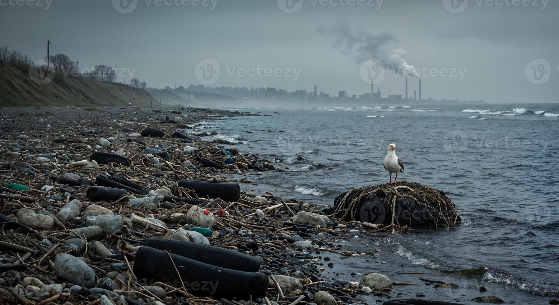 Pollution Seashore Bird Industrial Cityscape View sky smog dark grey ocean waste coast beach water photo