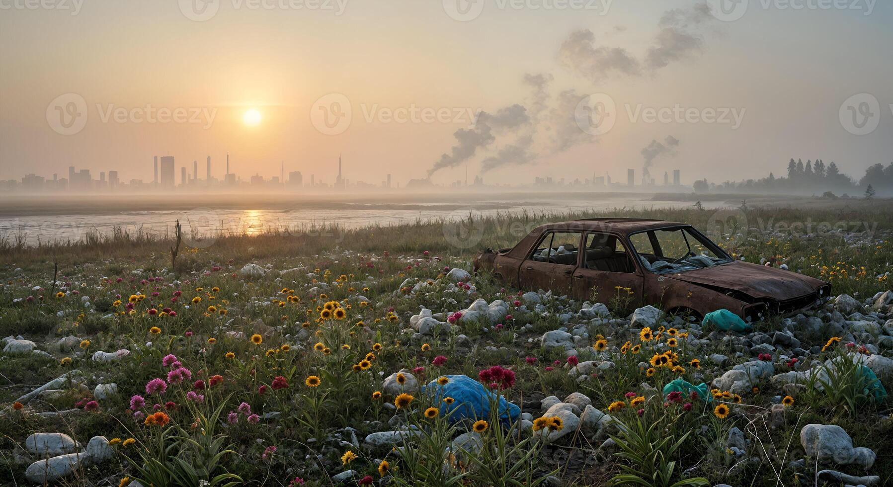 Rusty Car Abandoned Sunrise Field Pollution Industrial Cityscape Dawn Waste Toxic Urban Decay Rocks photo
