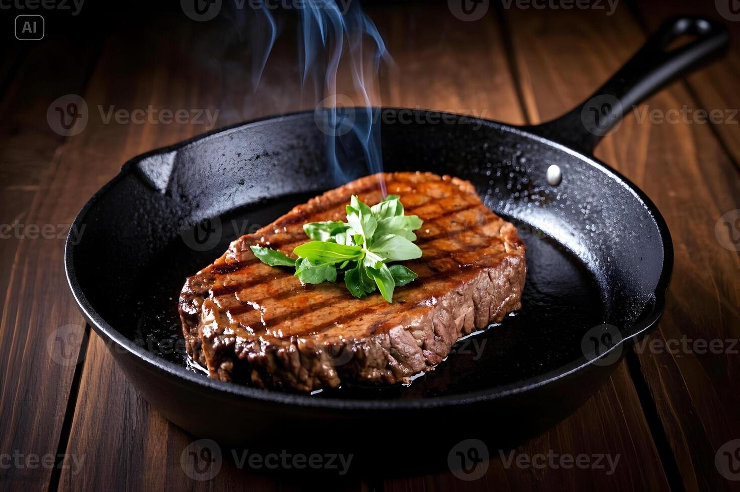 Juicy Grilled Steak in Cast Iron Pan Sizzling Hot Delicious Food Photography beef meat meal cook photo