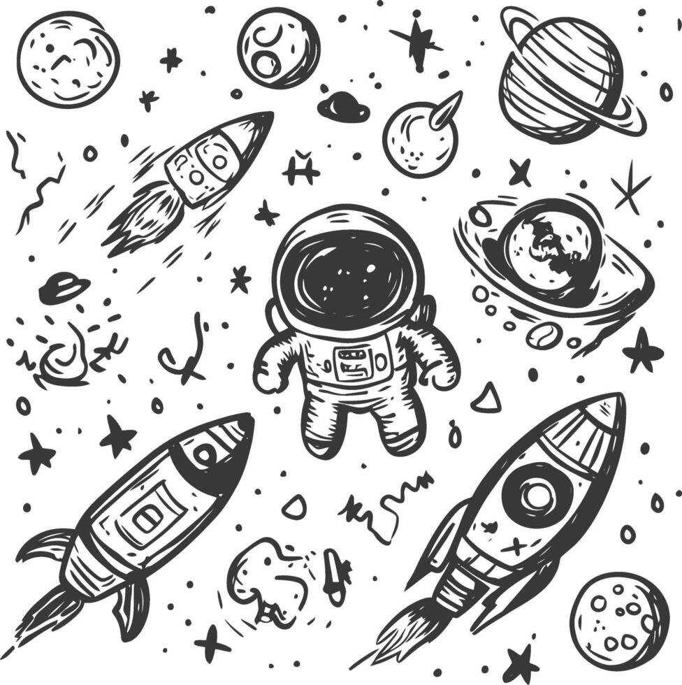Hand Drawn Doodle Illustration Of Astronaut Rockets And Planets In Space vector
