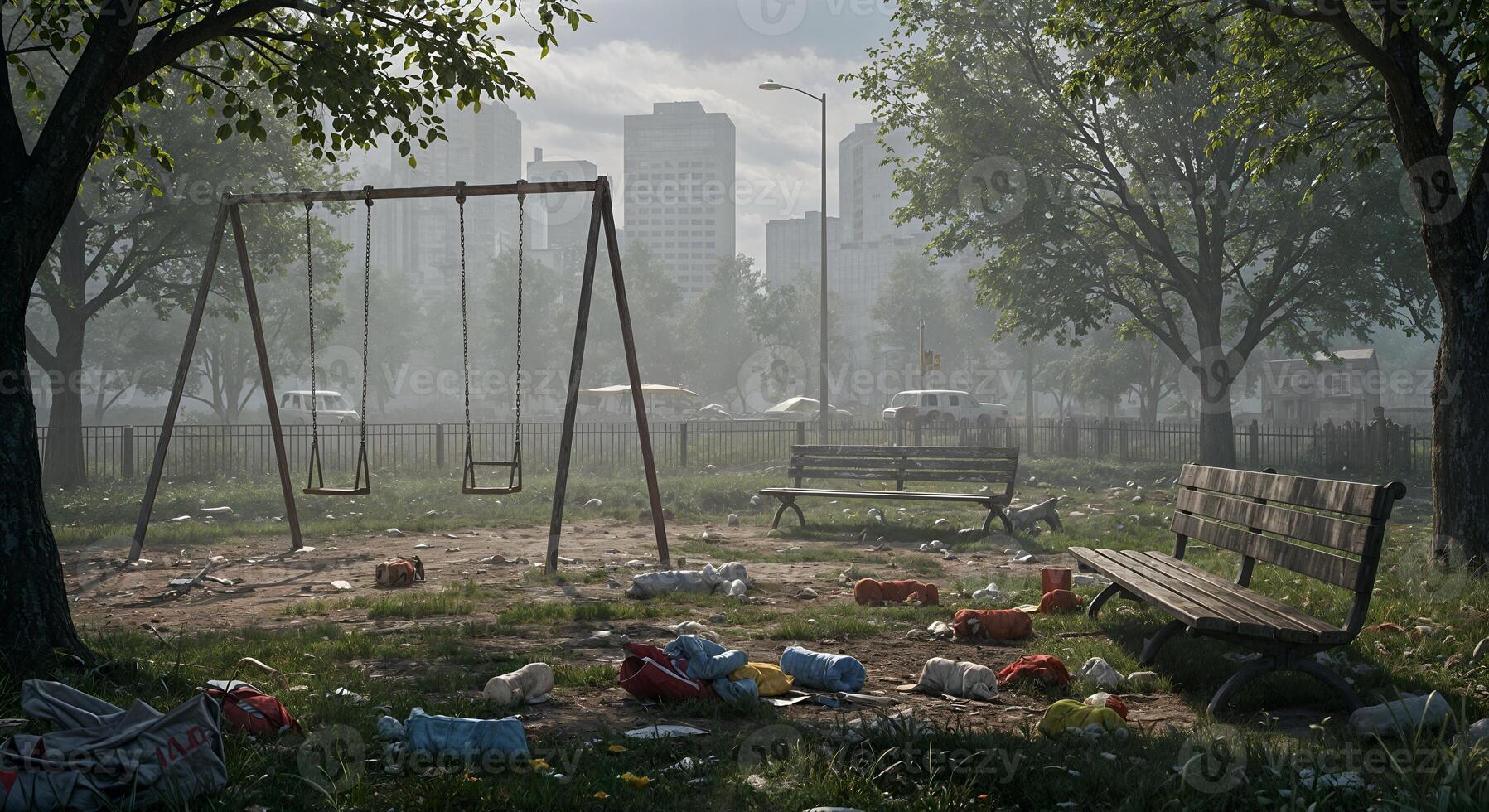 Desolate Urban Park Swing Set Litter Morning Mist fog sad day city grey trees empty waste quiet photo
