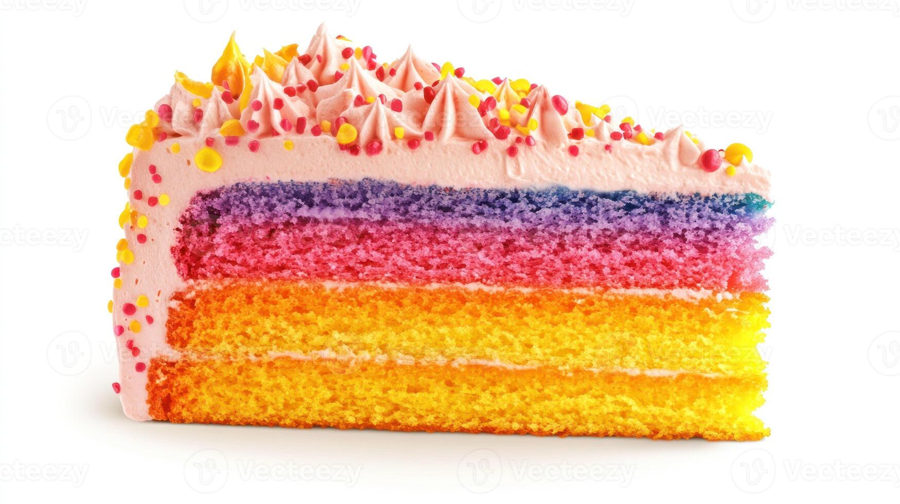 A piece of rainbow cake with a slice missing photo