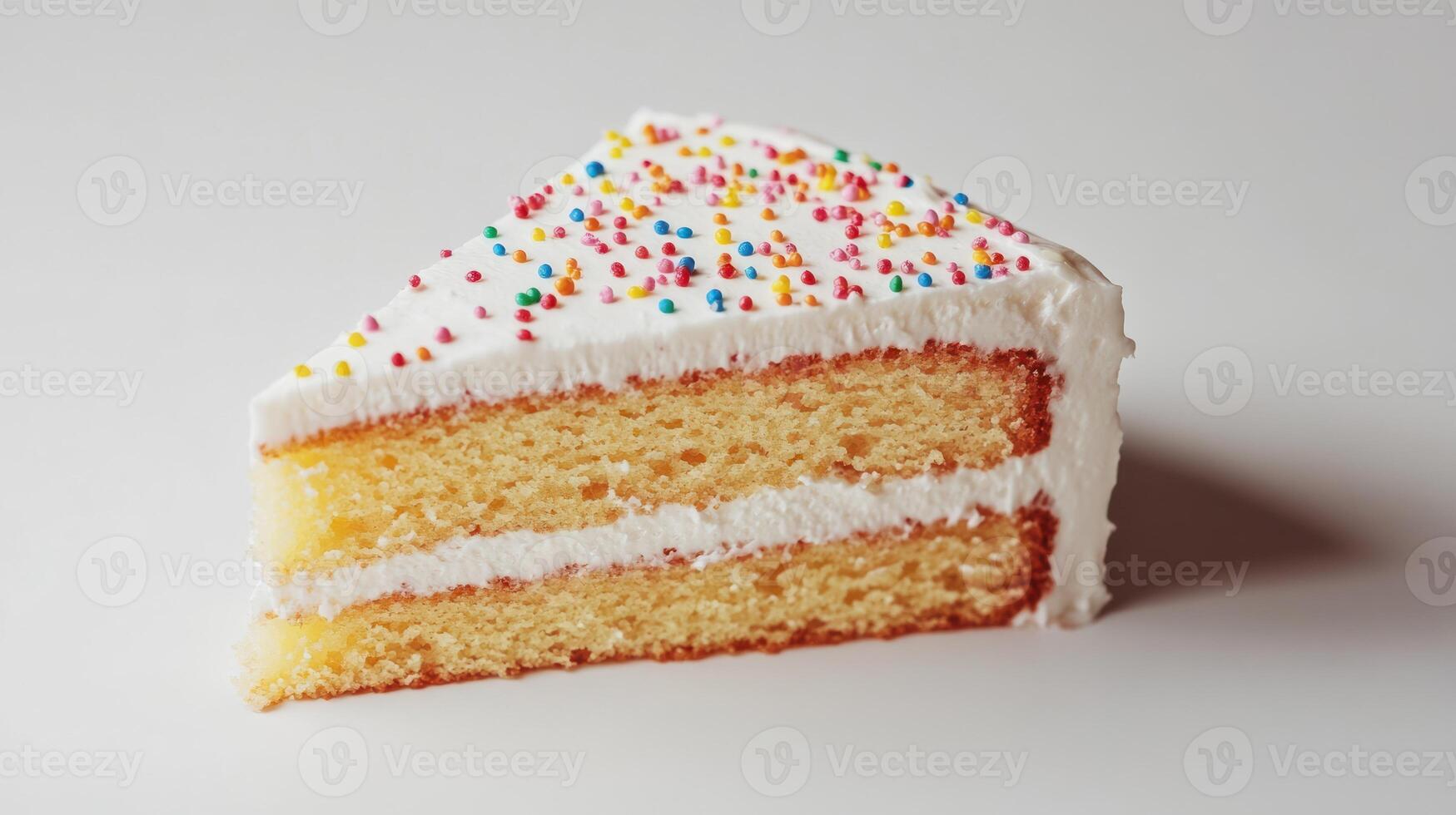 A piece of cake with white frosting and sprinkles photo