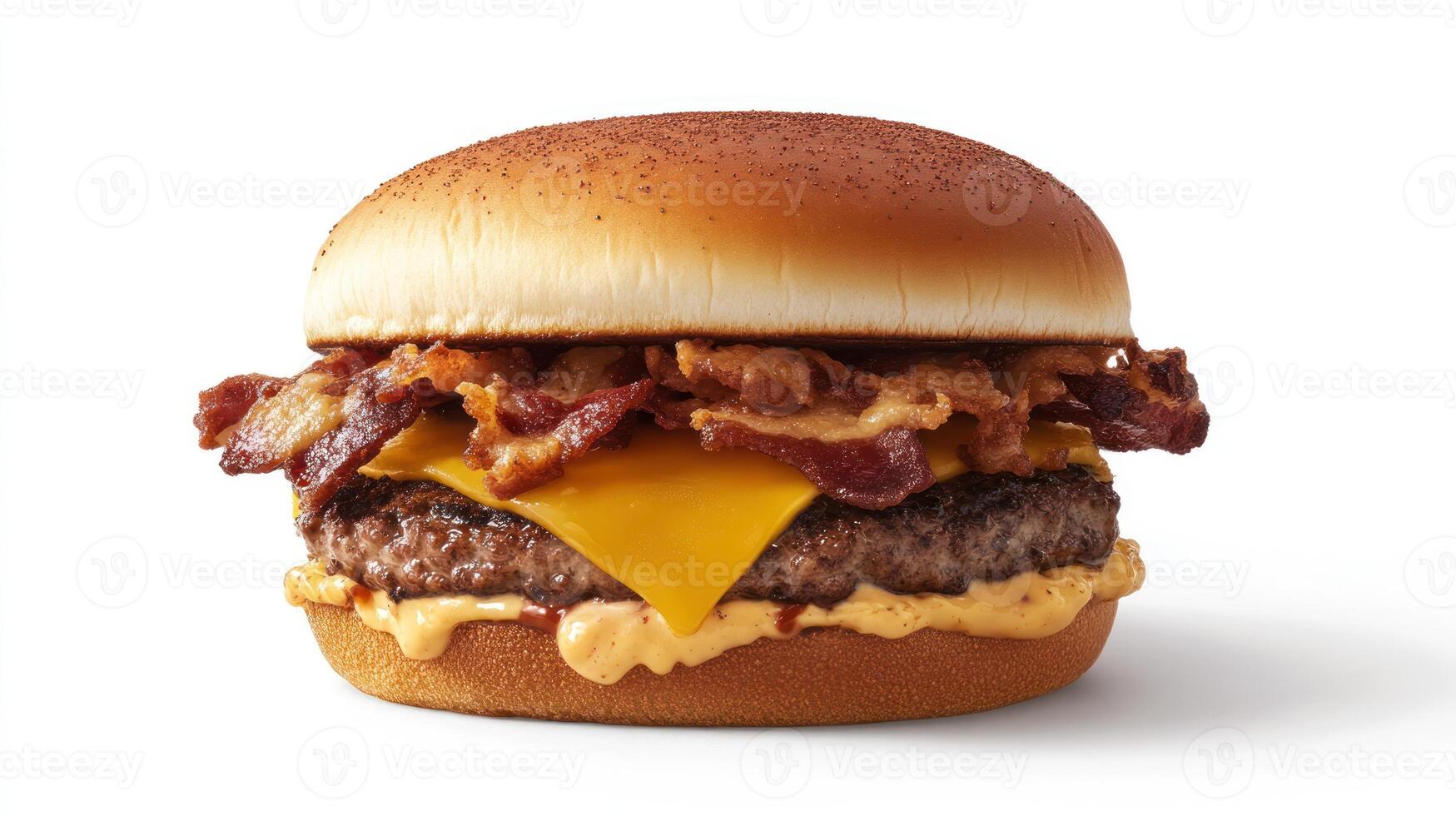 A cheeseburger with bacon and cheese on a white background photo