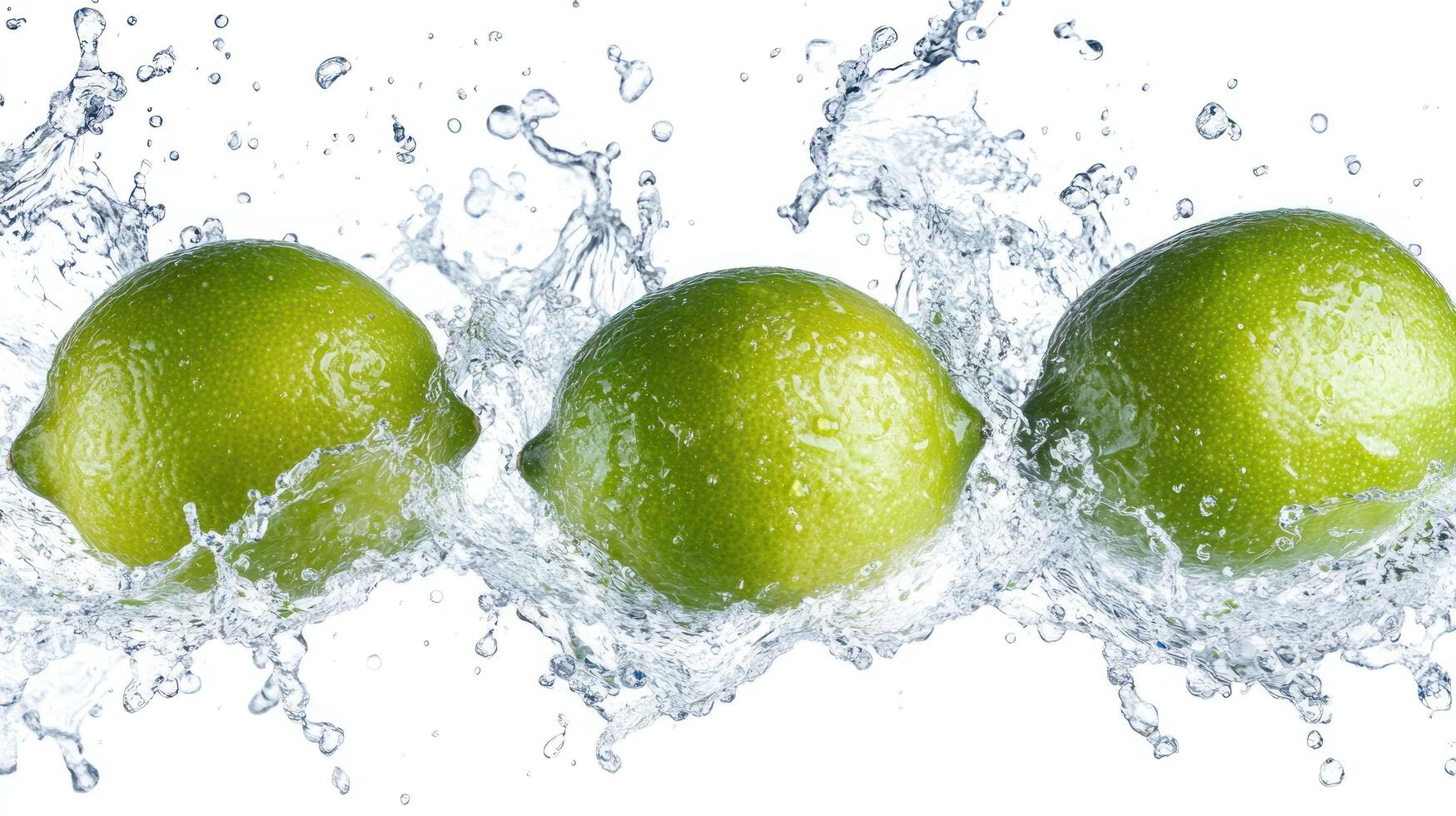 Three limes are splashing water on a white background photo