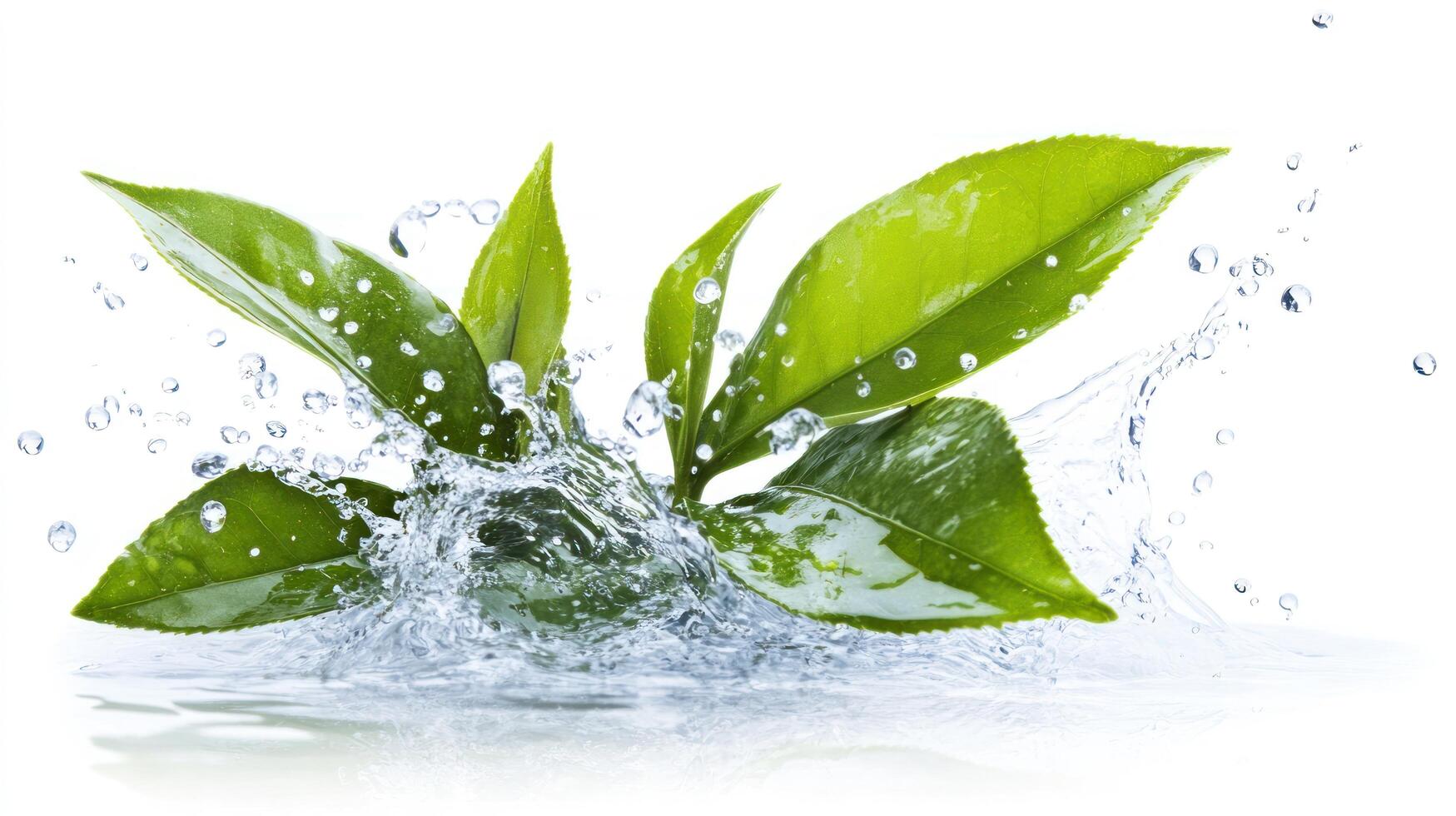 Green leaves splashing water on white background photo