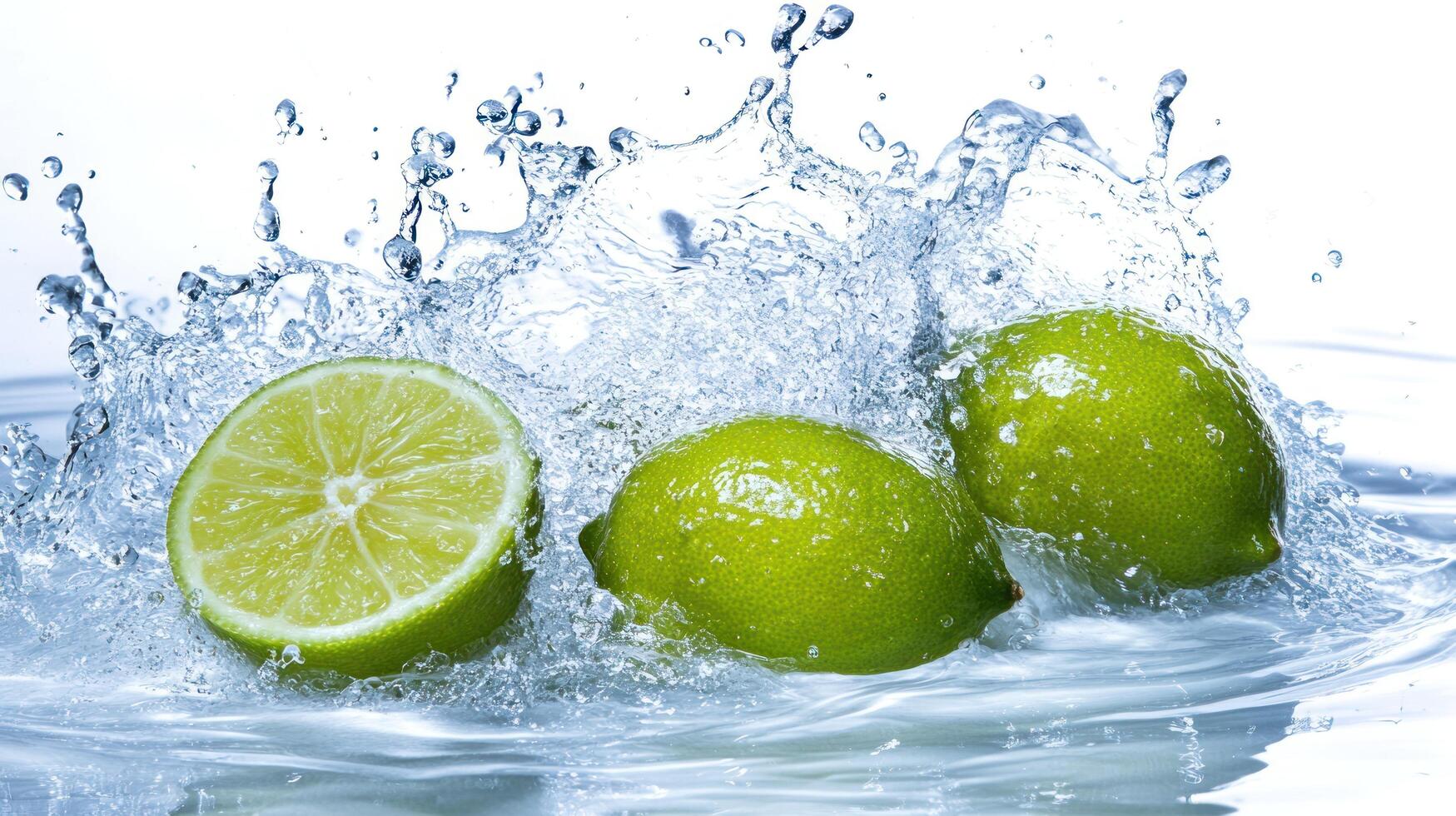 Three limes are splashing in water photo
