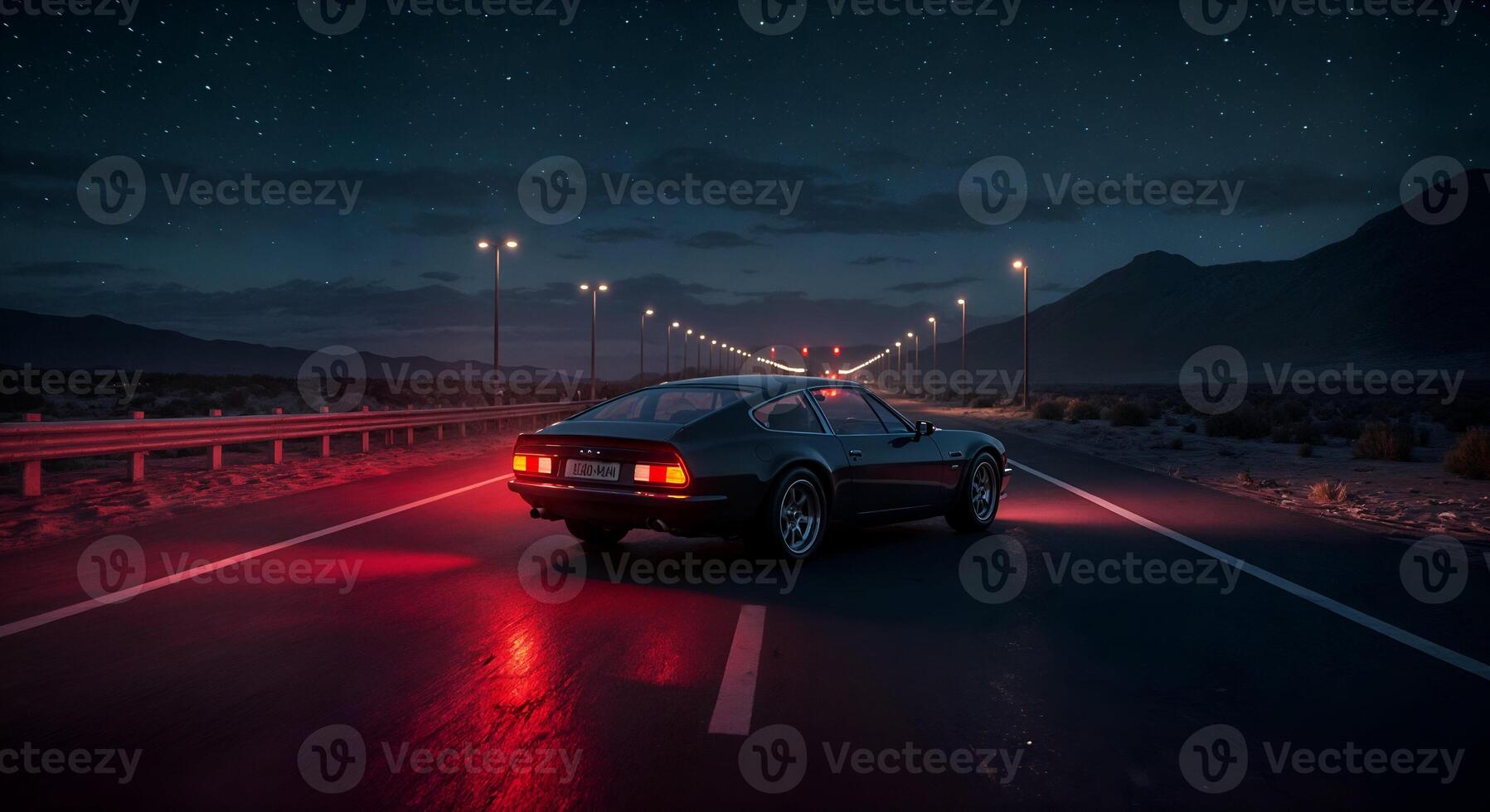 Night Drive Classic Sports Car Asphalt Road Scenic View dark cool stars speed retro lights travel photo