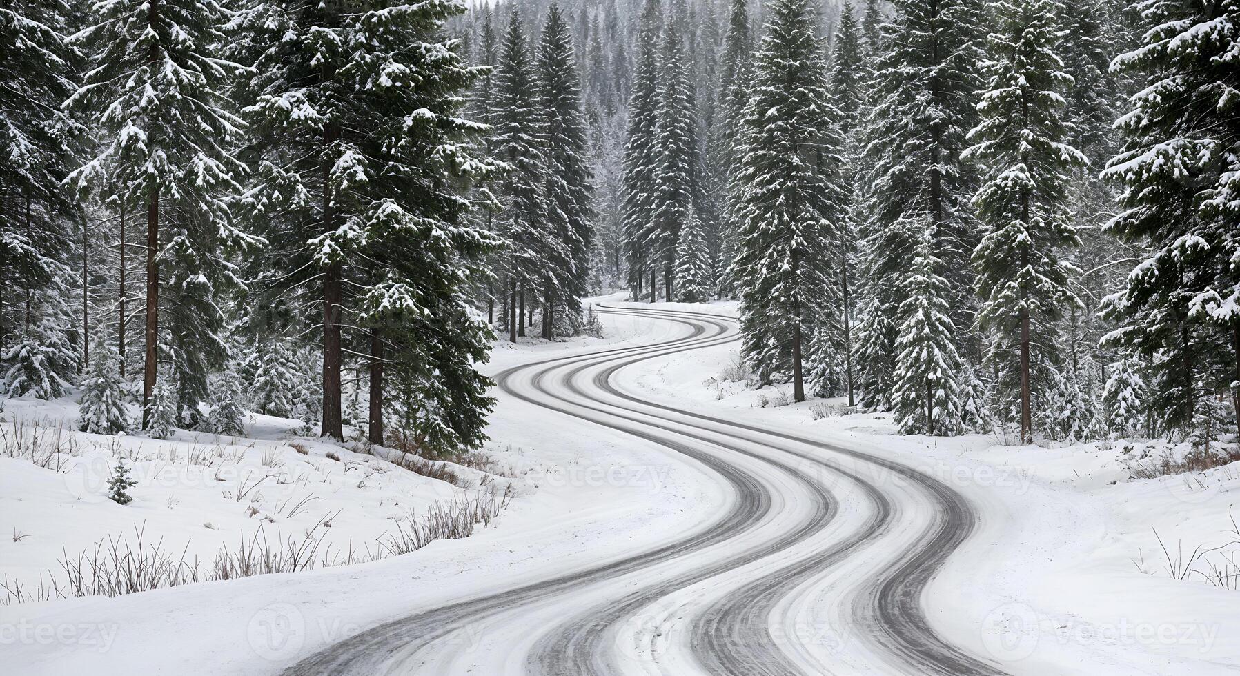 Snowy Winding Road Through Winter Forest Scenic Drive Cold Path View Trees White Green Route Curve photo