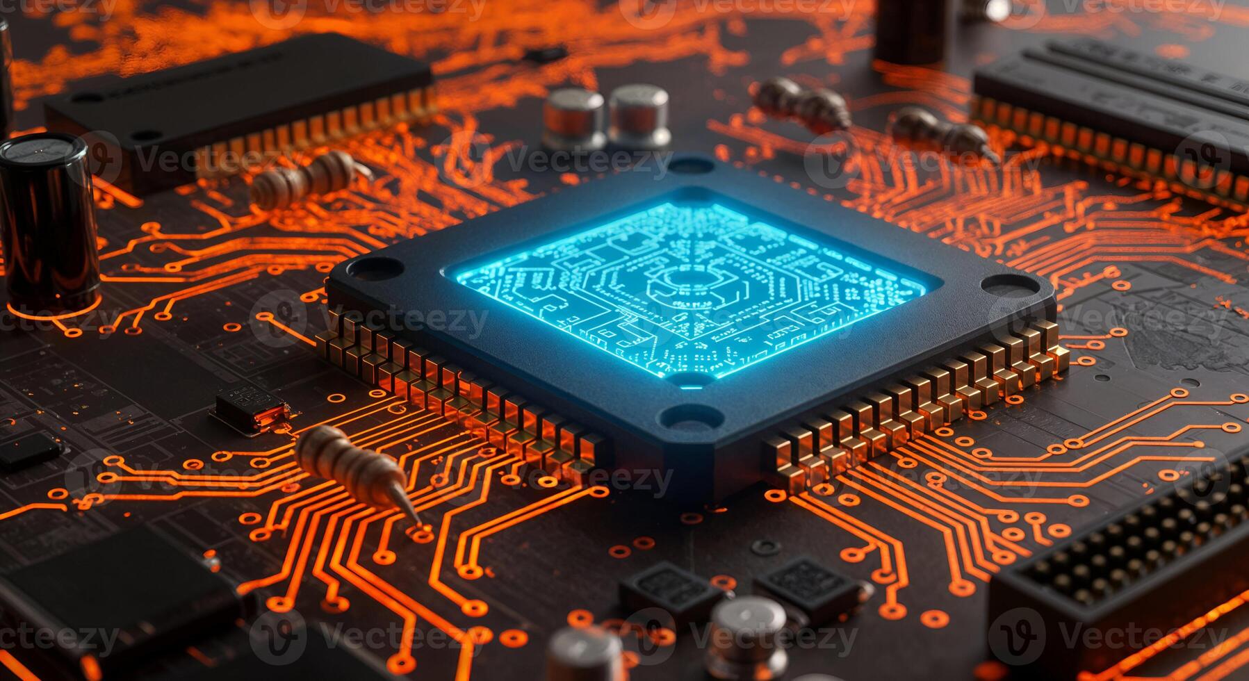 Advanced Microchip Technology Circuit Board Digital Innovation Future Data Glow Blue Cyber System photo