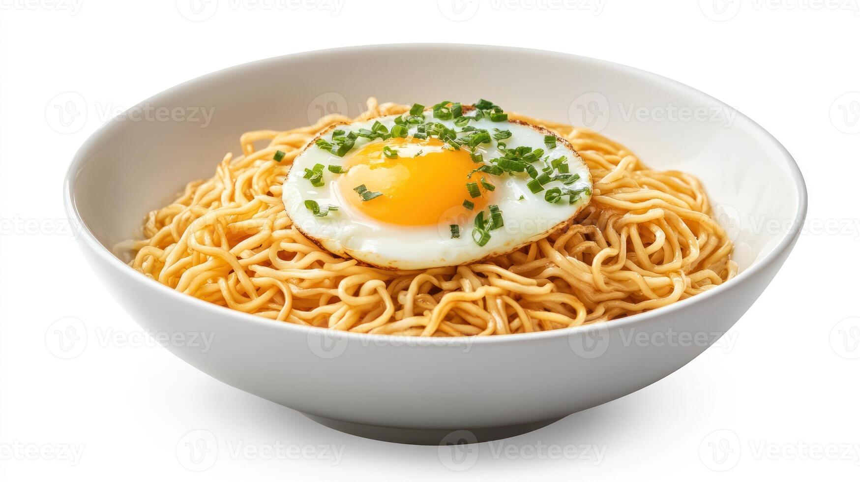 Chicken noodle with fried egg in white bowl photo