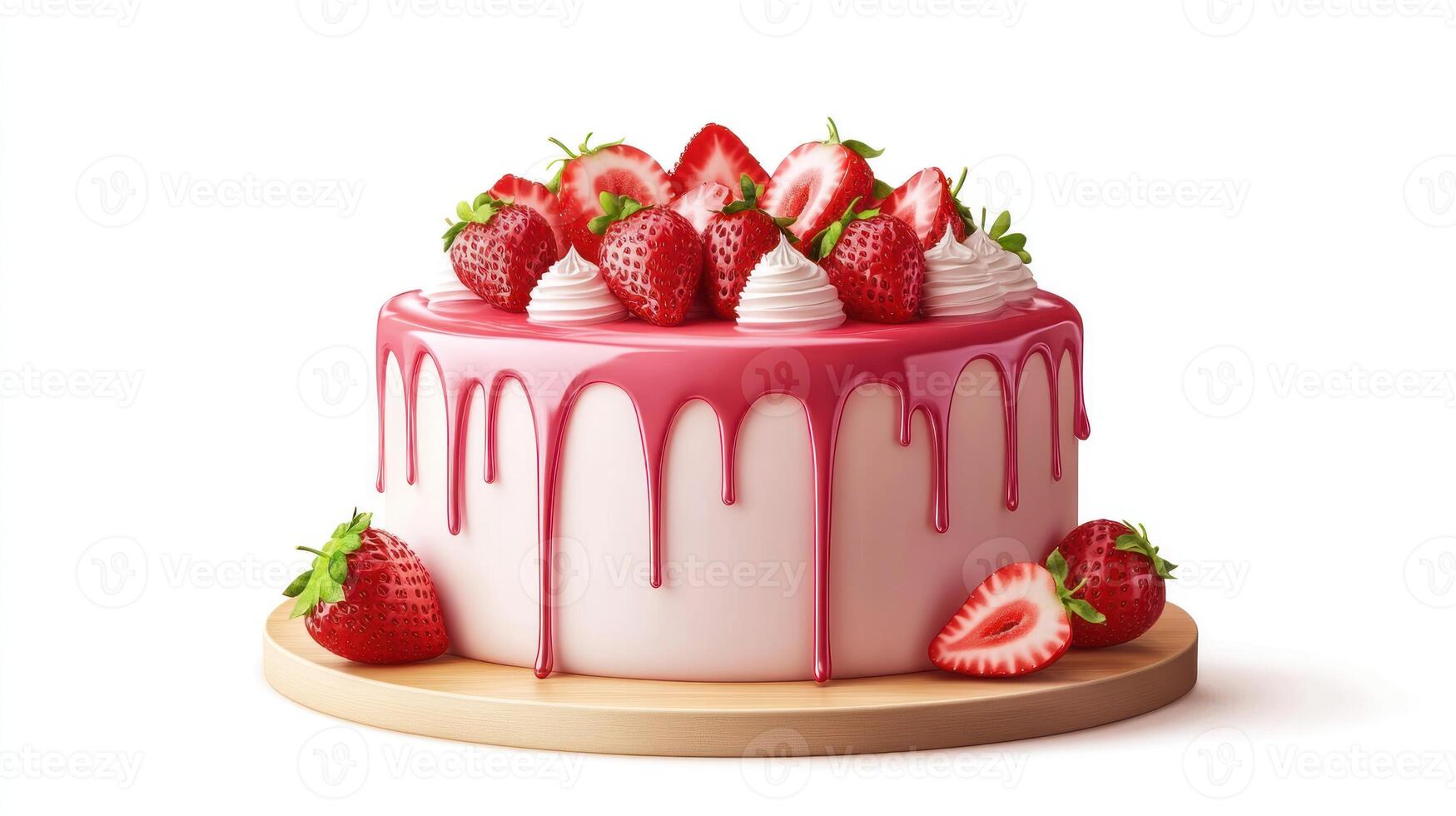 A strawberry cake with a pink icing and strawberries on top