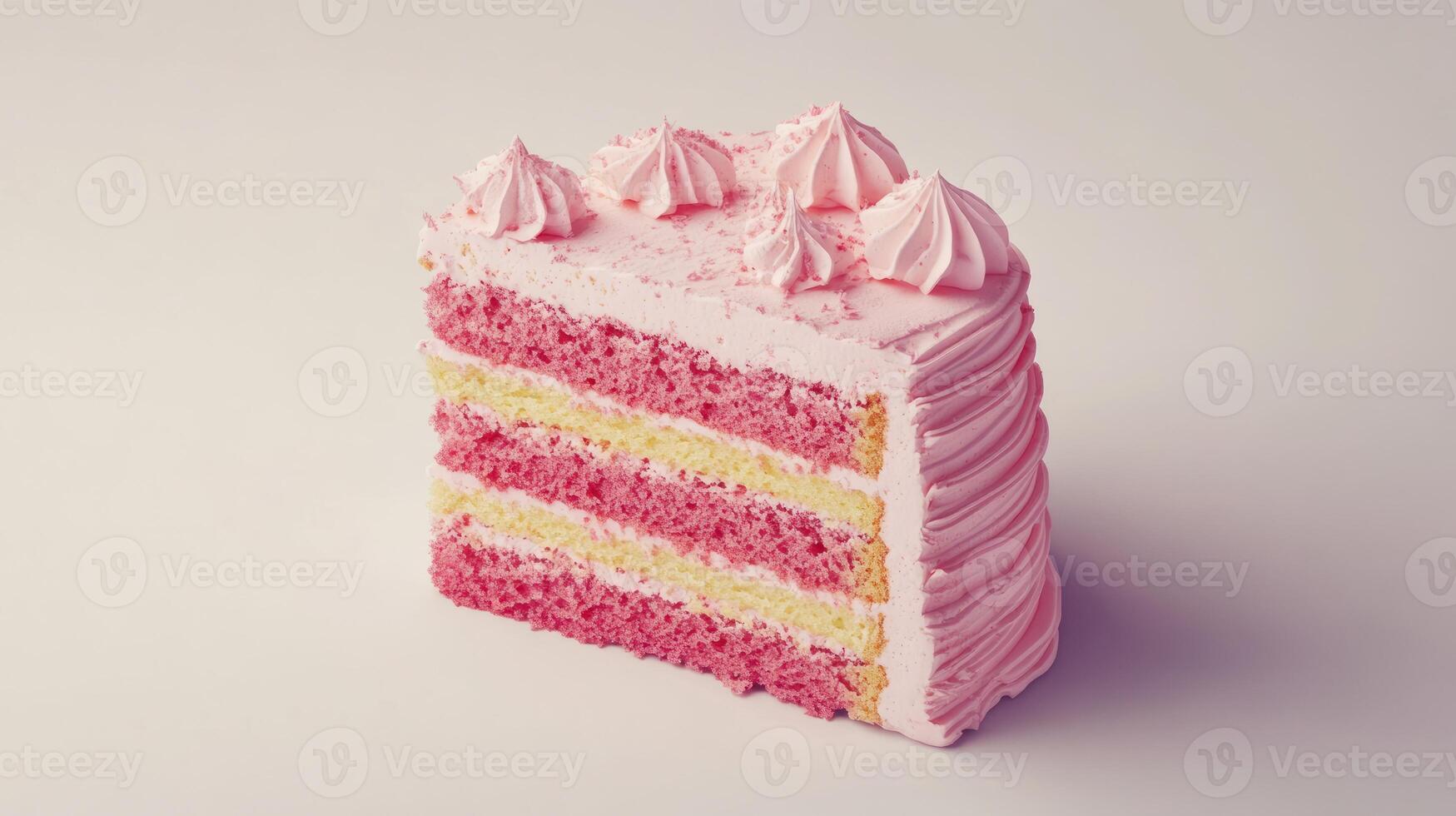 A slice of pink cake with frosting on it photo
