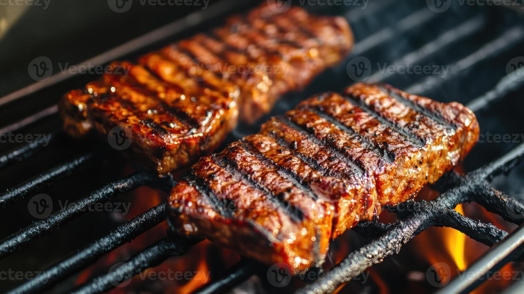 Two steaks cooking on a grill with flames photo