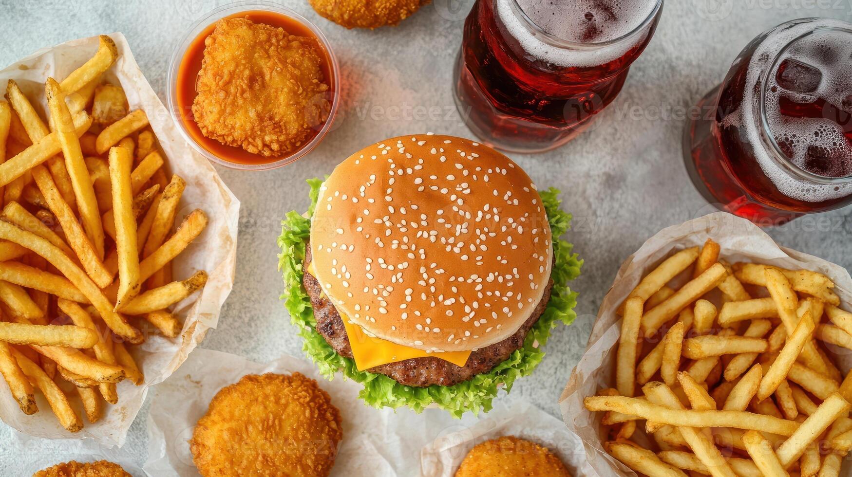A hamburger, fries and a beer are arranged on a table photo