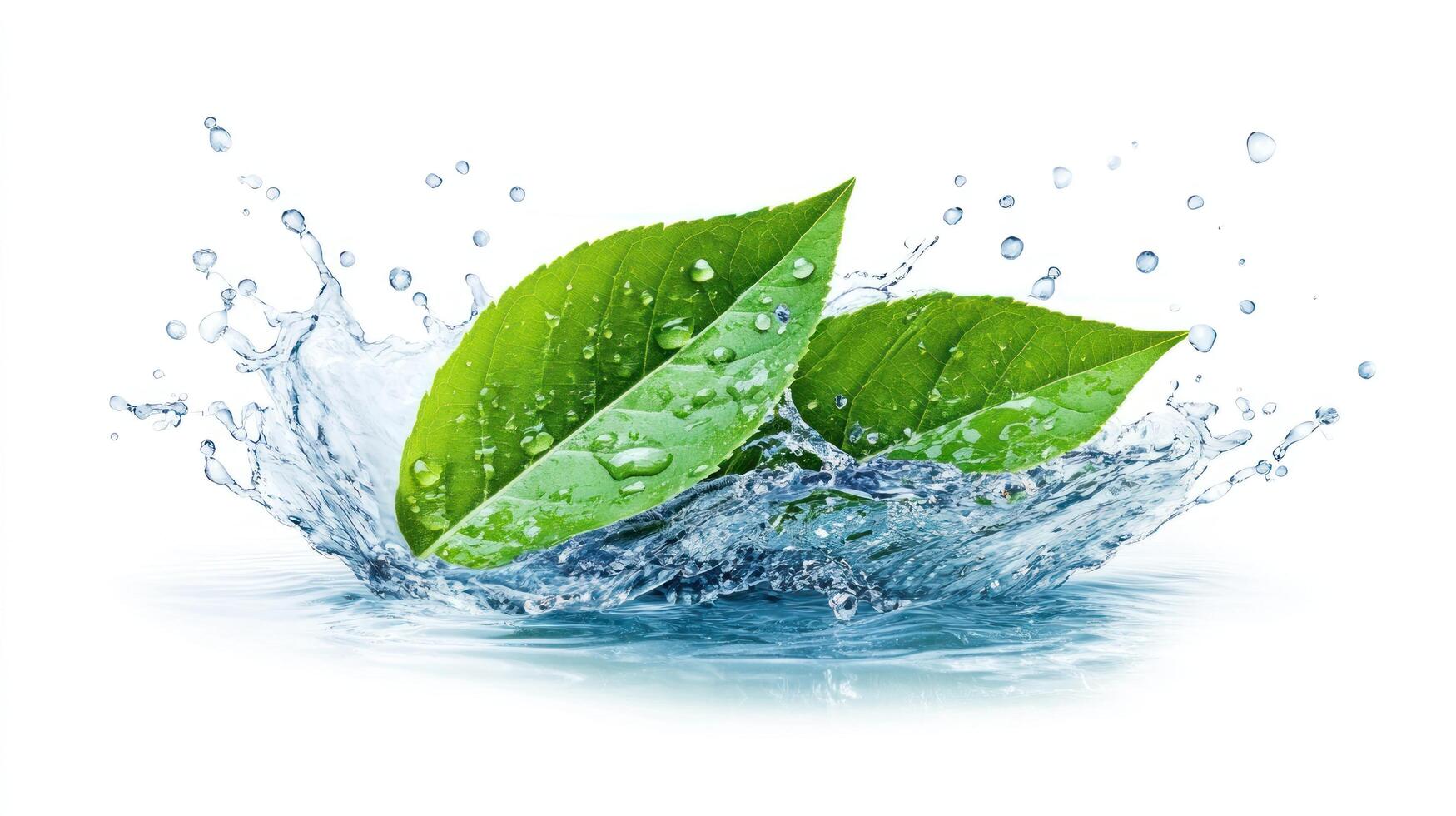Green leaves splash water on white background photo