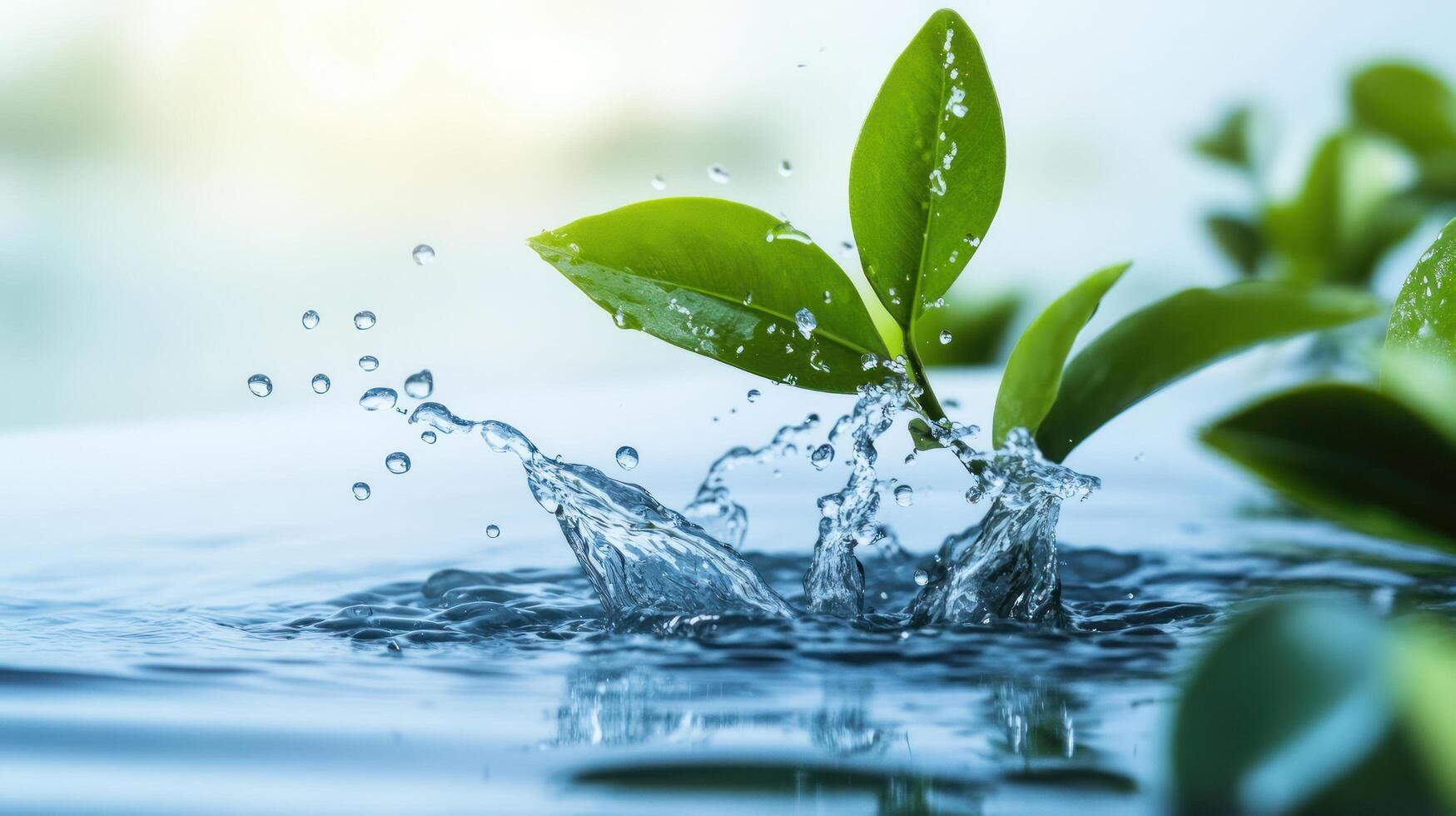 Water splash with green leaves on water photo